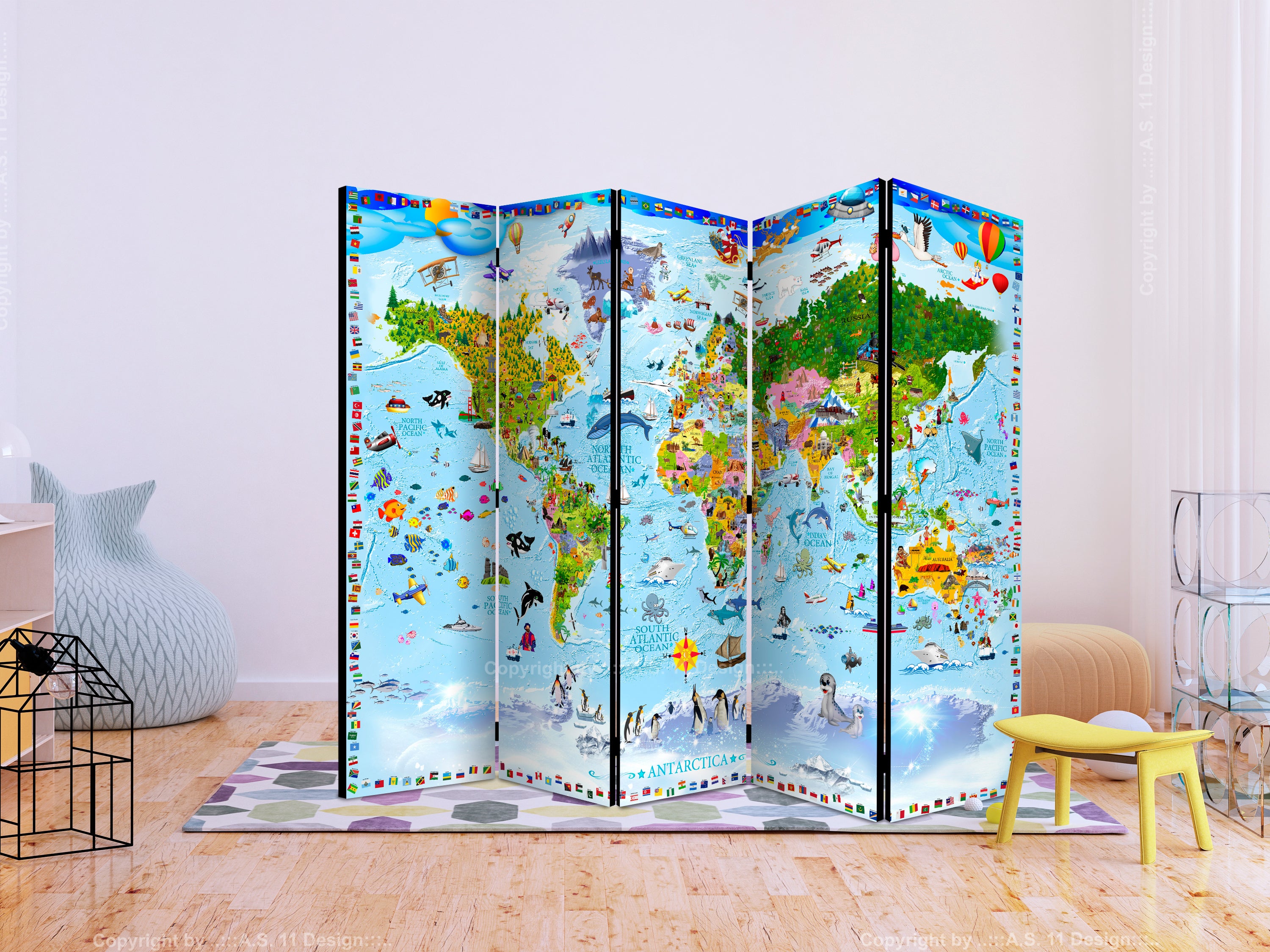 Paravento Decorativo Mappa Colorata | Divisorio Per Ambienti 225x172 Cm | Ideale Per Arredare Con Stile - 6
