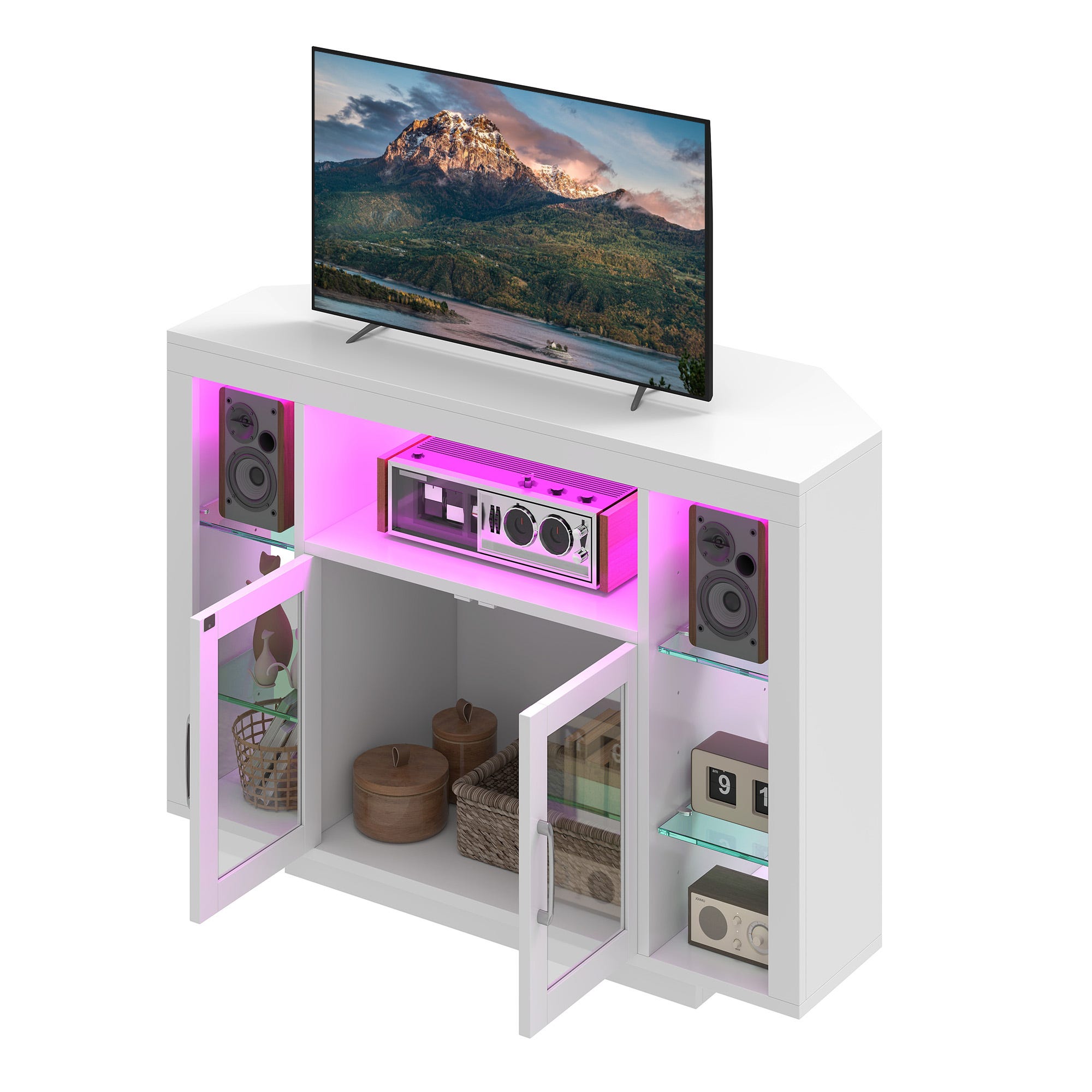Meuble TV D'angle 100 Cm Avec éclairage LED RGB - 7 étagères + Portes - Support TV Jusqu'à 55" - Pour Salon, Gaming
