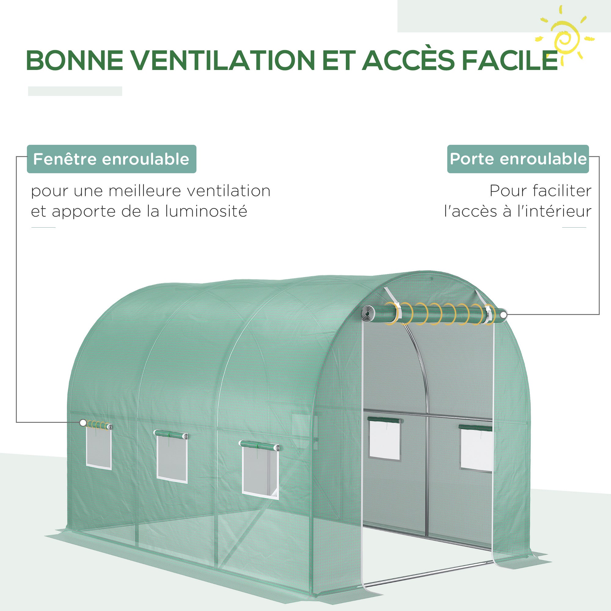 Bâche de Rechange Serre Tunnel 6 m², bâche 3 x 2 x 2 m PE Anti-UV imperméable 6 fenêtres + Porte Enroulable zippée Vert - 6