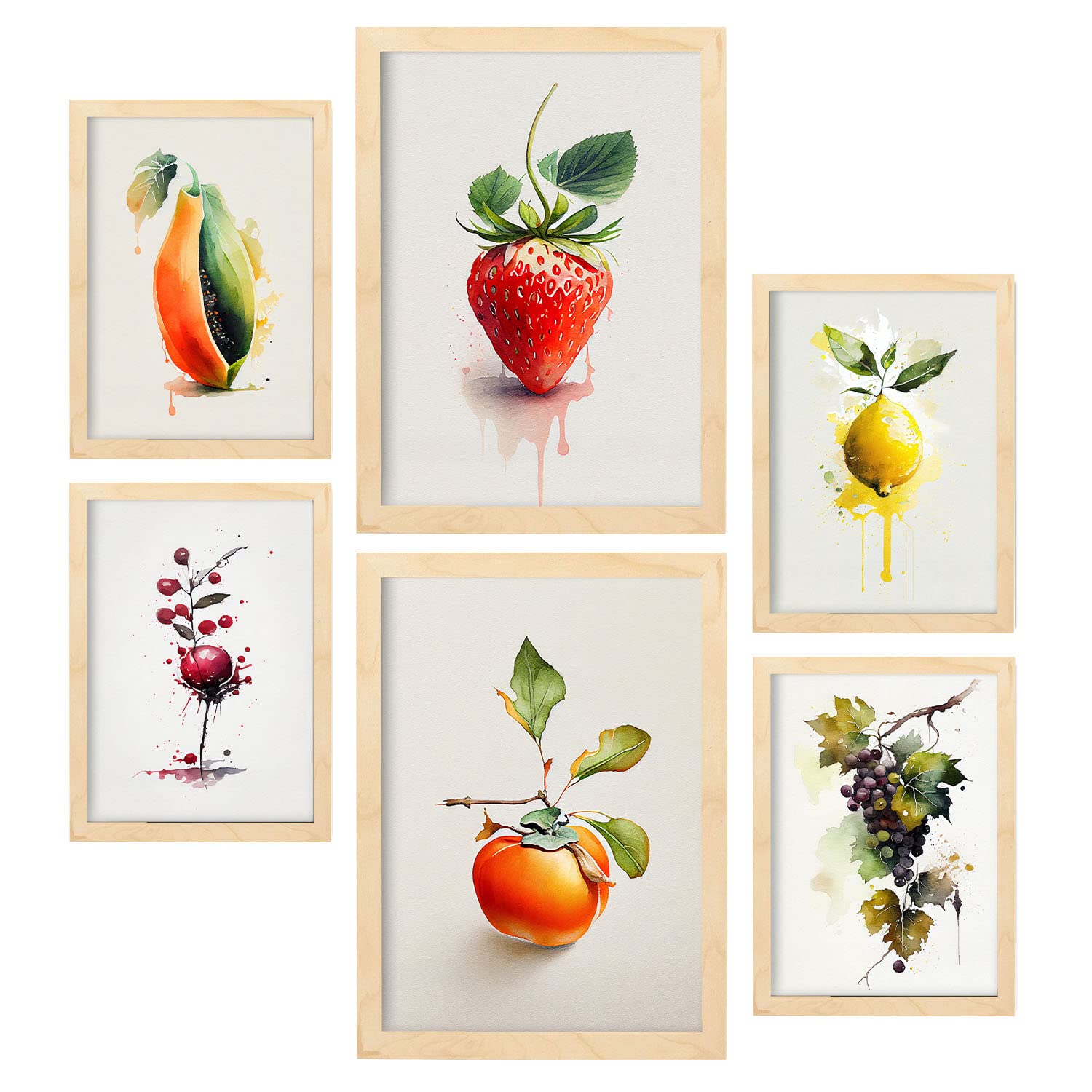 Nacnic posters de frutas vibrantes ilustraciones de frutas verduras y alimentos saludables estilo acuarela en fondo blanco a4 & a3 marcos color madera
