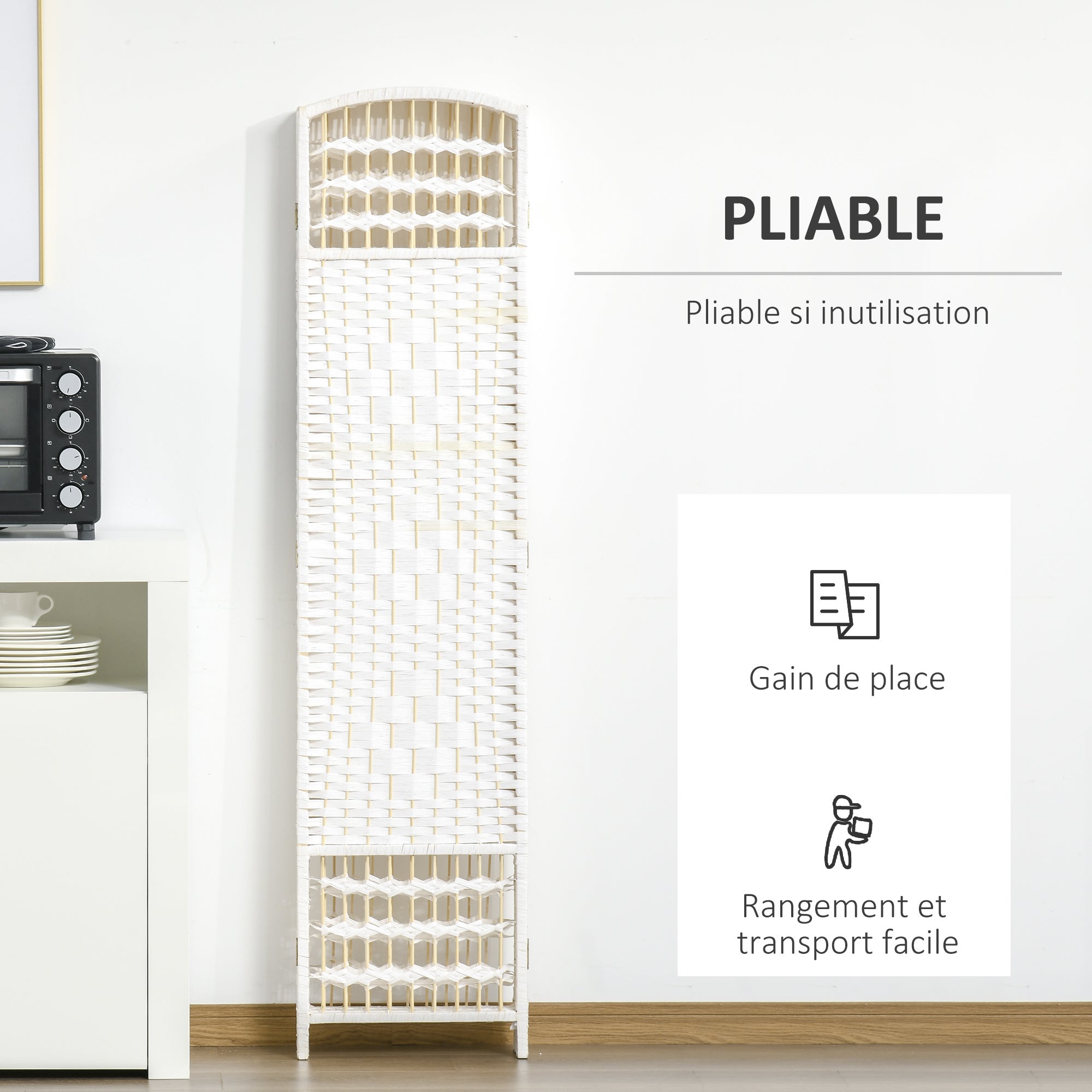 Paravent bois 242x170 cm séparateur pièce pliable 6 panneaux cloison chambre maison intérieur blanc - 8