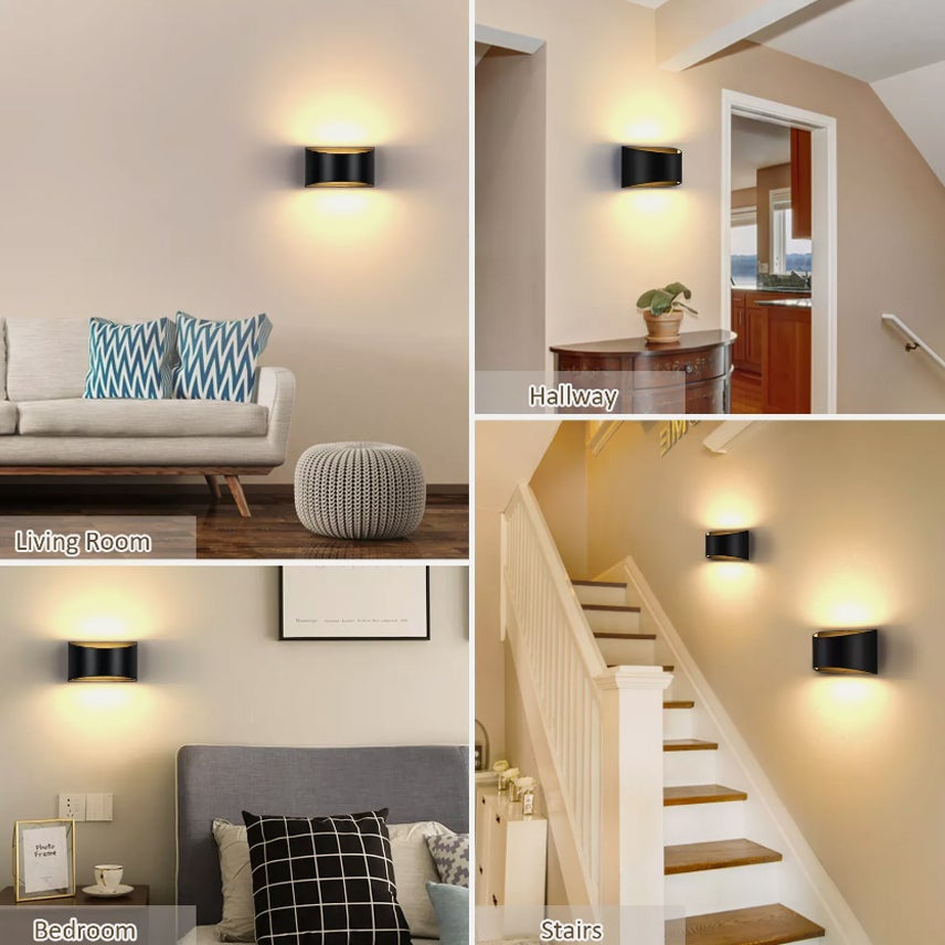 Lampada da parete moderna a LED, lampada da parete bianca calda 3000K, lampada da parete su e giù da 7 W, lampada da parete per interni, nera - 8