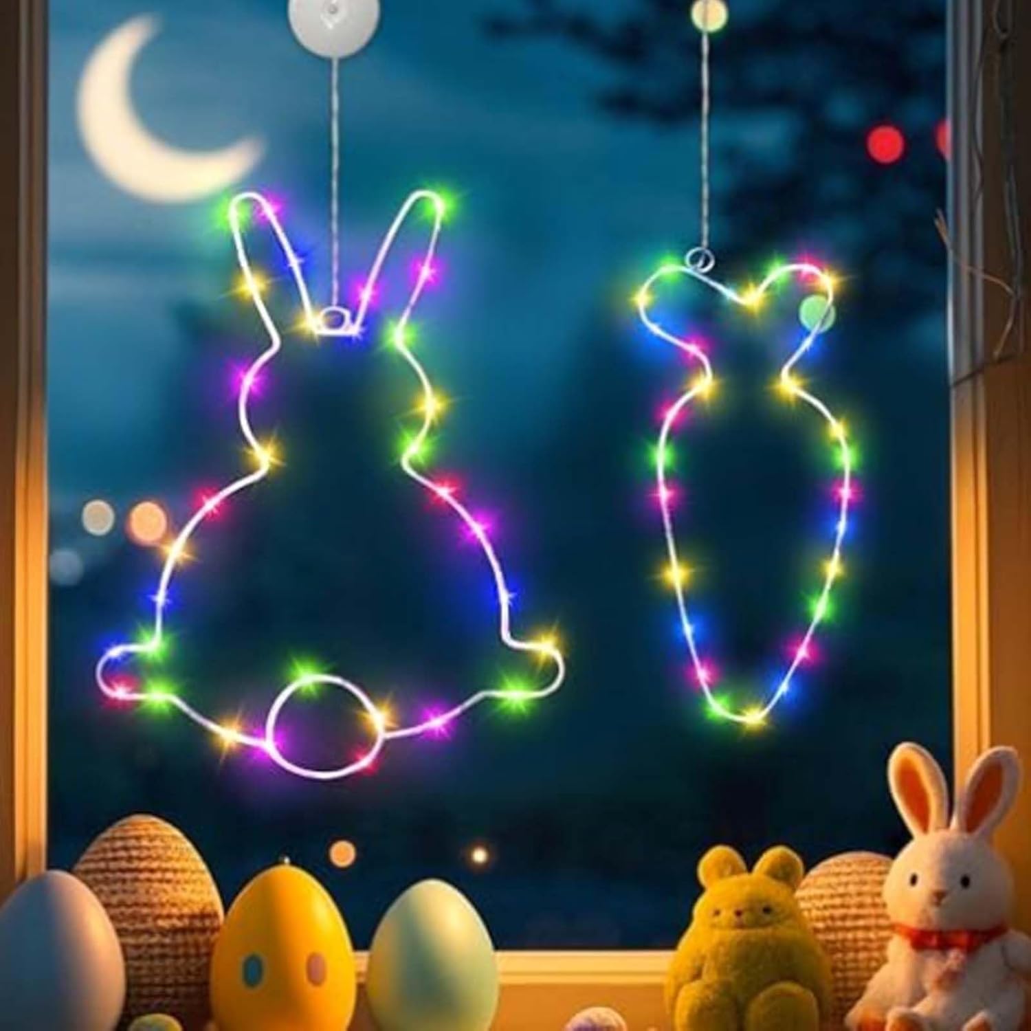 2 pezzi di luci per finestre a LED a forma di coniglietto pasquale, a batteria con timer e ventose, decorazioni pasquali e decorazioni da parete | Leroy Merlin