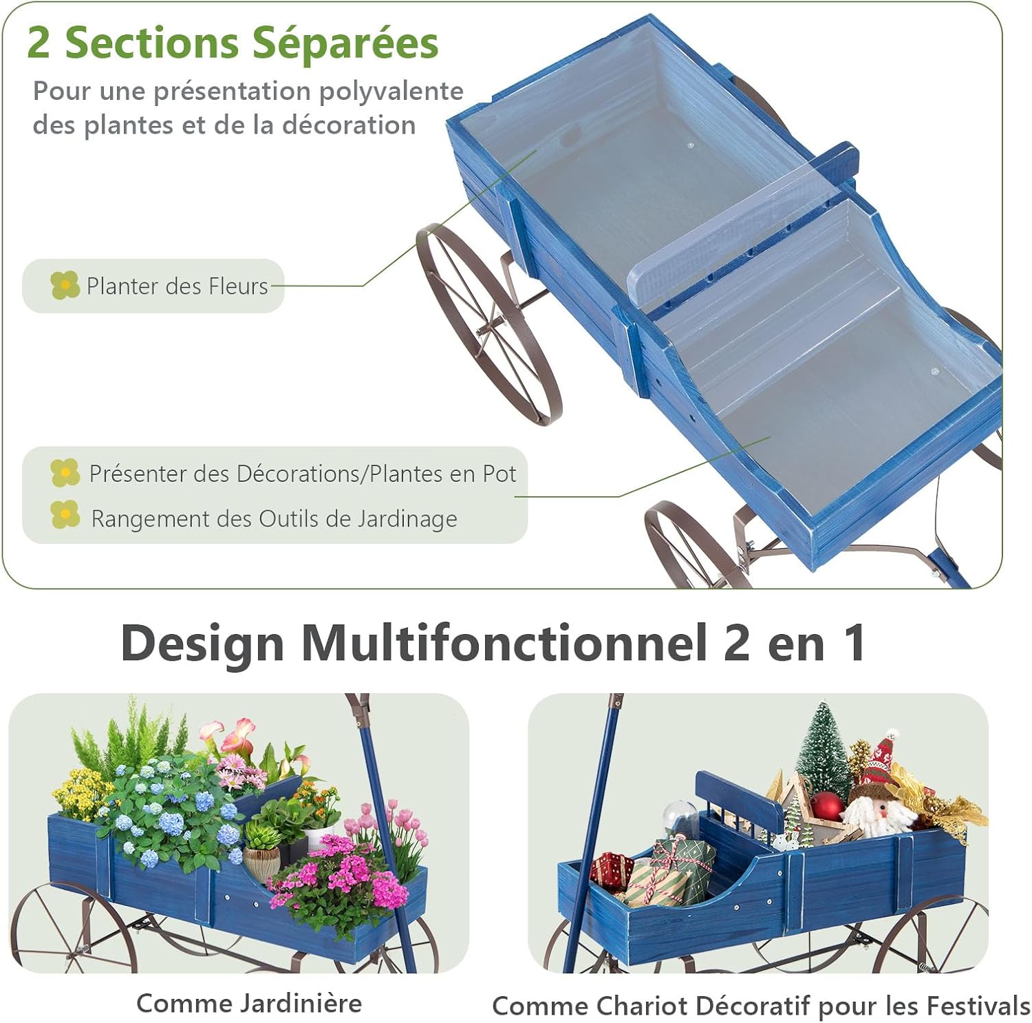 Jardinière Forme Brouette, Brouette Décorative en Bois avec 4 Roues en Métal, 2 Bac de Plantation Séparés avec Trous de Drainage, 35×62,5×60cm (Bleu) - 3