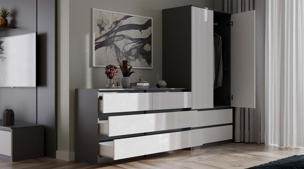 TURIN - Armoire de chambre - Penderie multifonctions - 2 portes + 2 tiroirs - Dressing - Anthracite et Blanc - 8