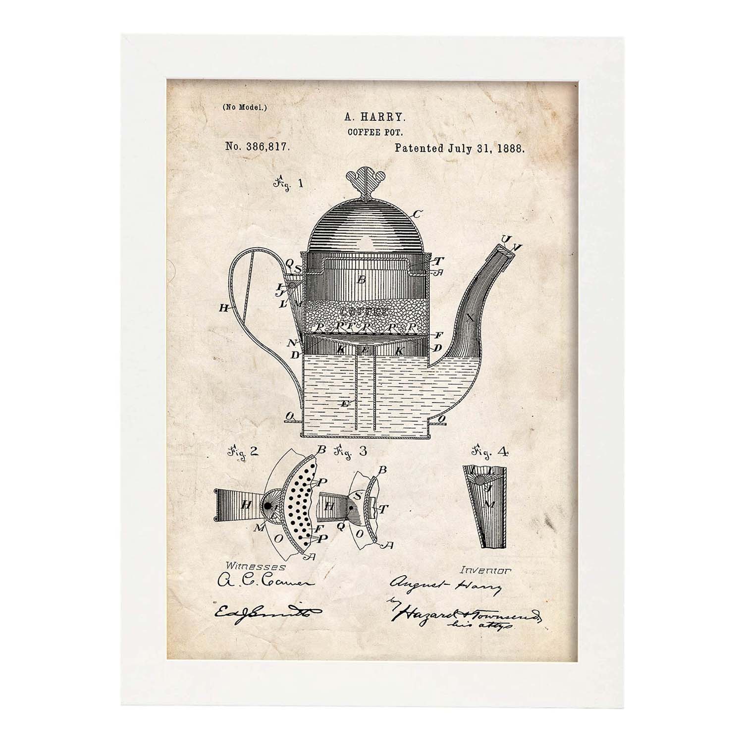 Poster con patente de cafetera 1. lámina con diseño de patente antigua. marco negro - a4