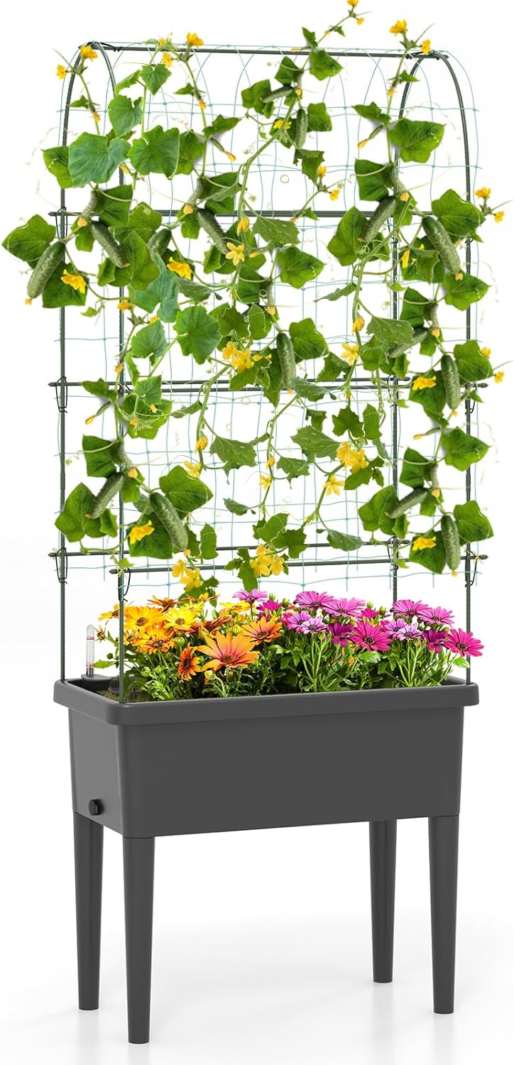 Jardinière Avec Treillis Sur Pied - Bac à Fleurs Auto-arrosant Rotin - Neuf