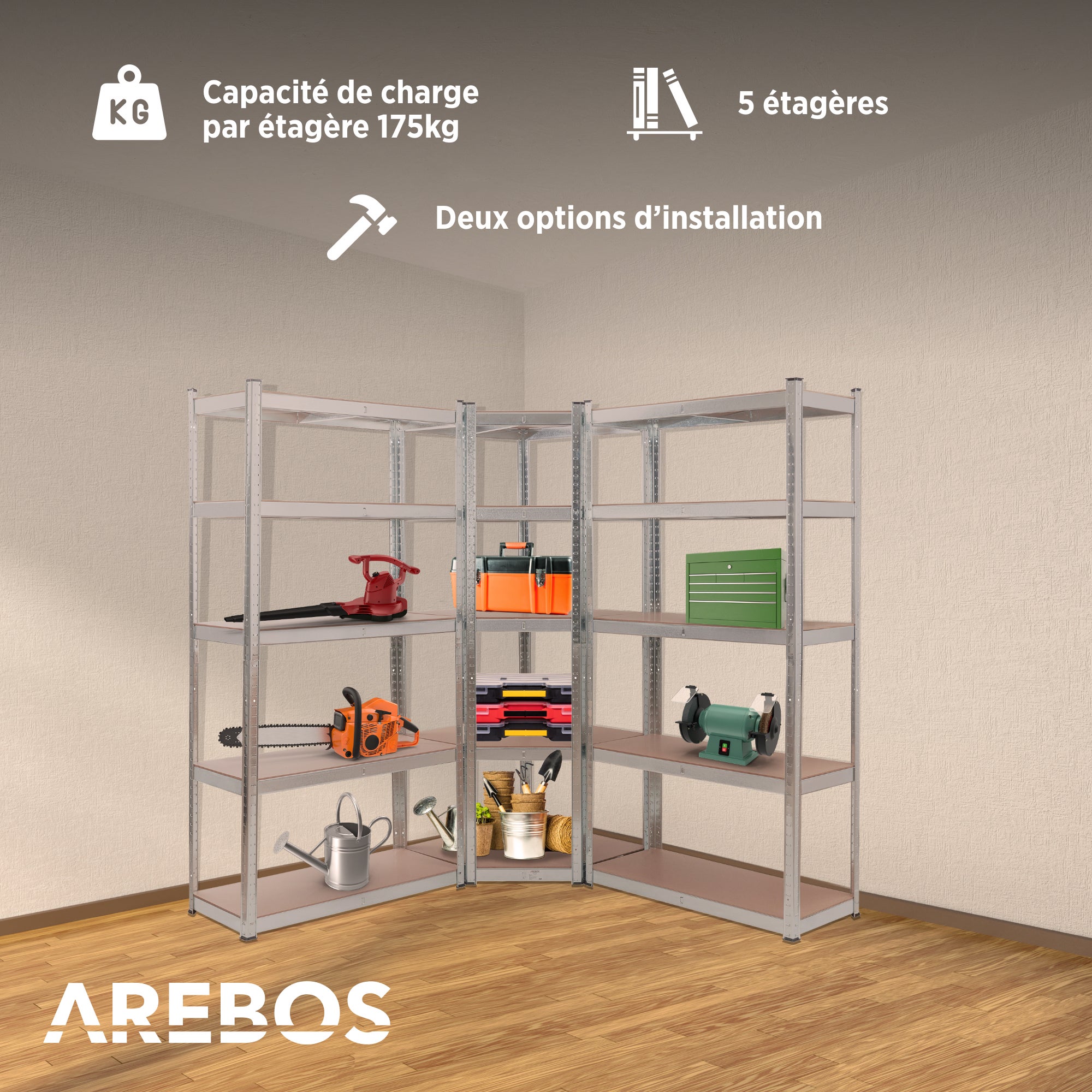 AREBOS Étagère d'angle pour Charges Lourdes 875kg Montage Facile grâce au système d'enfichage 180 x 70 x 70 cm 5 étagères en MDF Noir | Leroy Merlin