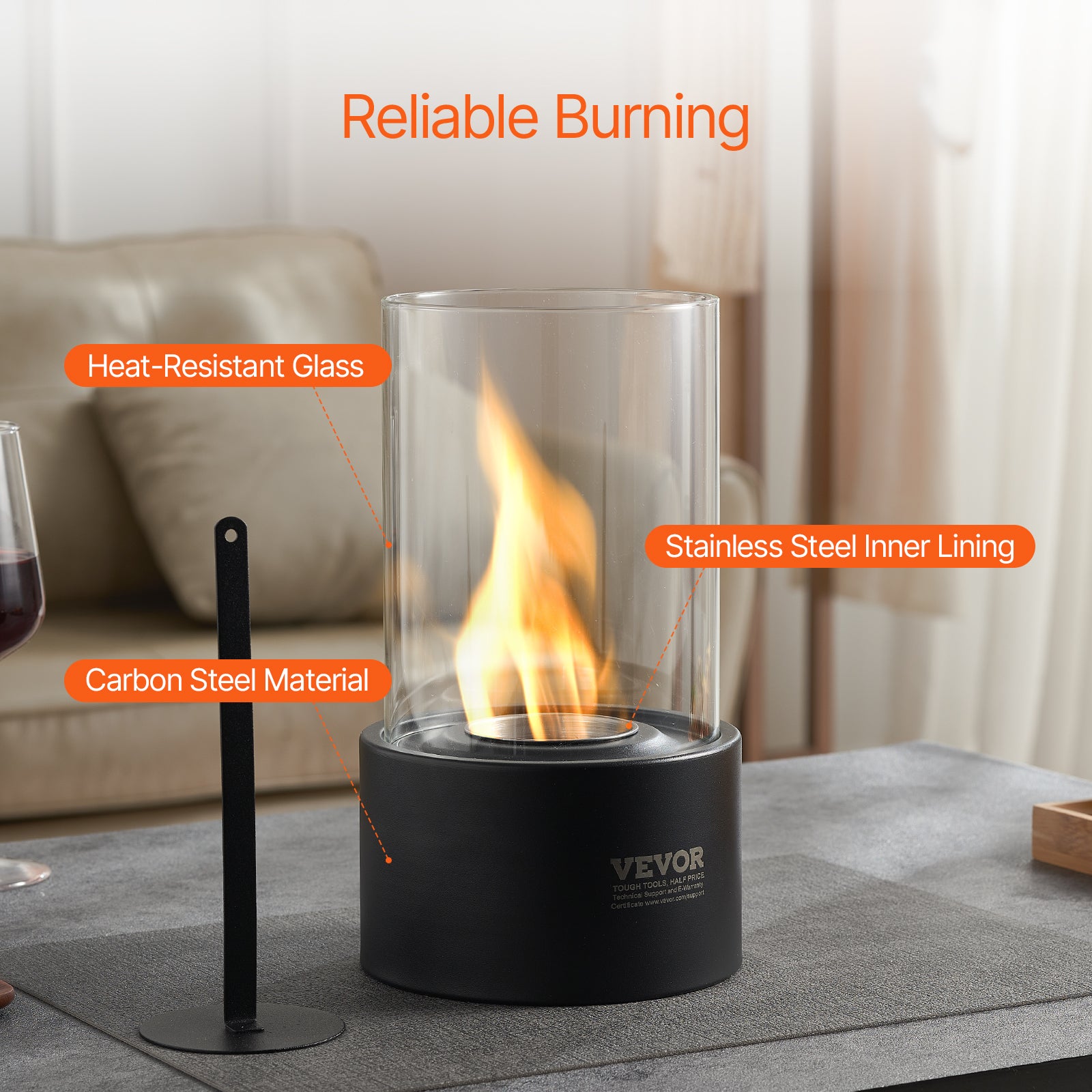 Fogón de Mesa VEVOR Ø160 × 285 mm, Brasero Decorativo de Metal, Chimenea de Bioetanol Portátil con Vidrio y Tapa, para Terraza y Balcón - 4