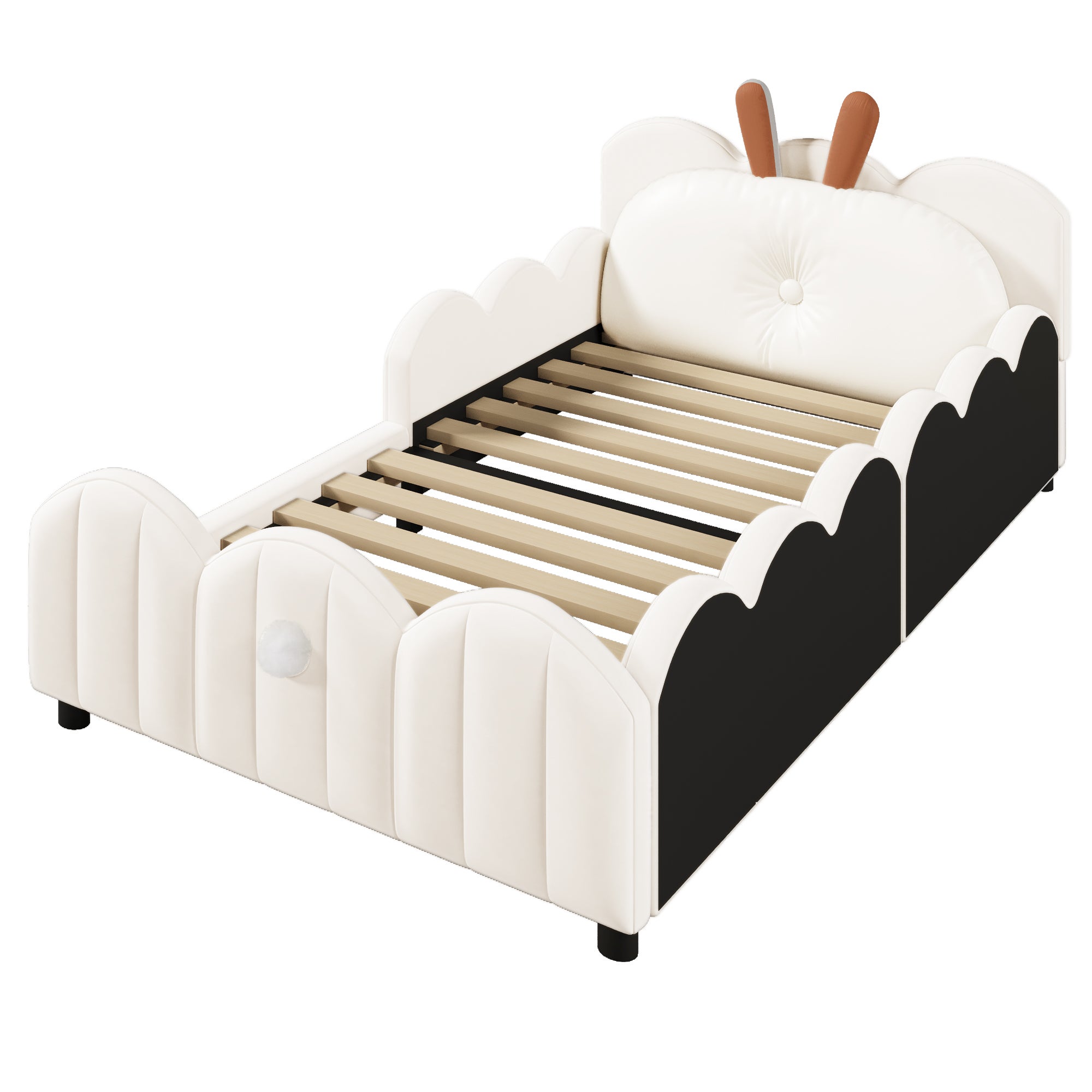 Łóżko tapicerowane dziecięce 90x200 cm - Poduszki w kształcie króliczka - Z barierkami - Z podstawą z listew - Płyta MDF + aksamit - Beż - 3