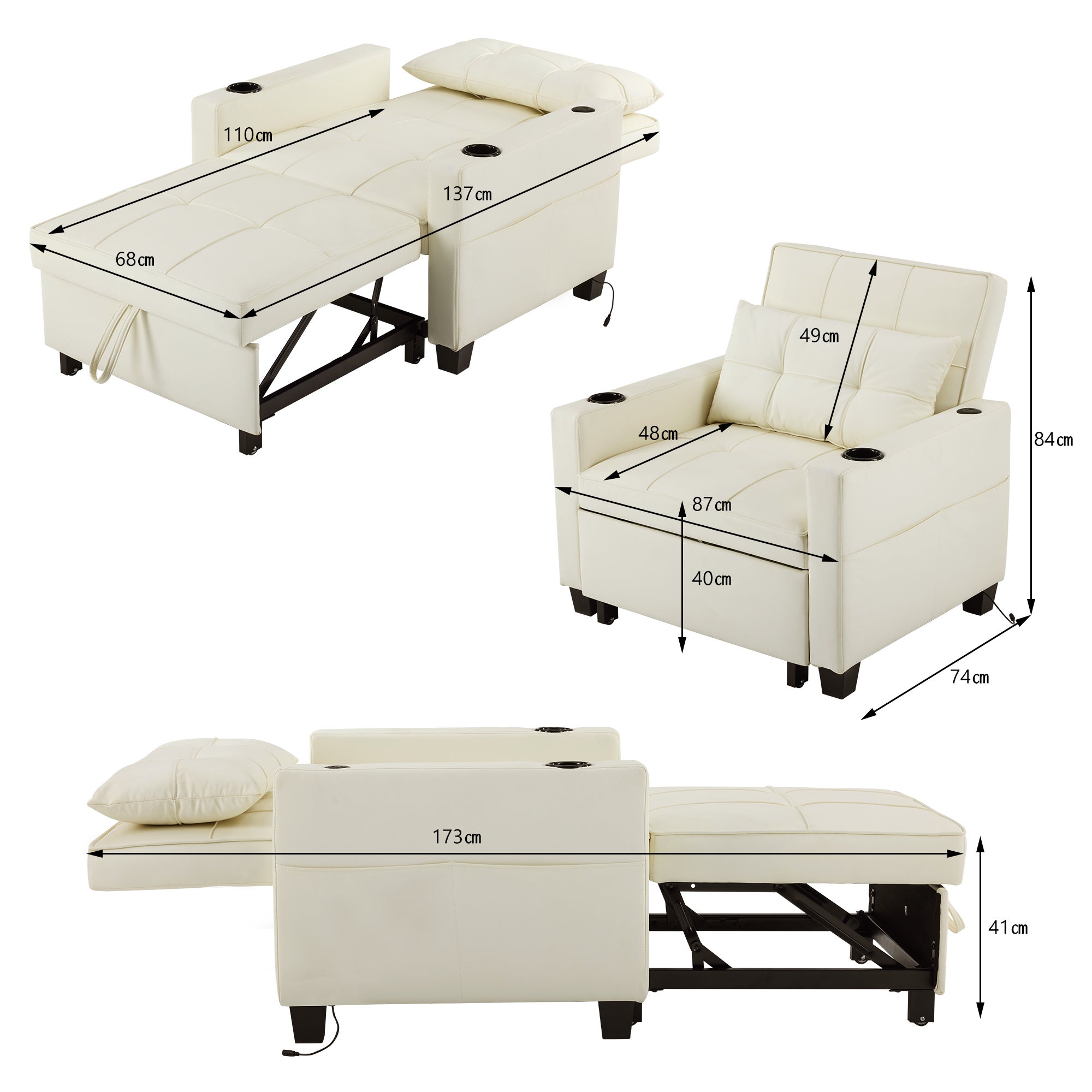 Canapé-lit simple convertible 3 en 1 avec porte-gobelets et port USB , Fauteuil avec 1 Oreiller, Poche de Rangement Latérale, Beige - 2