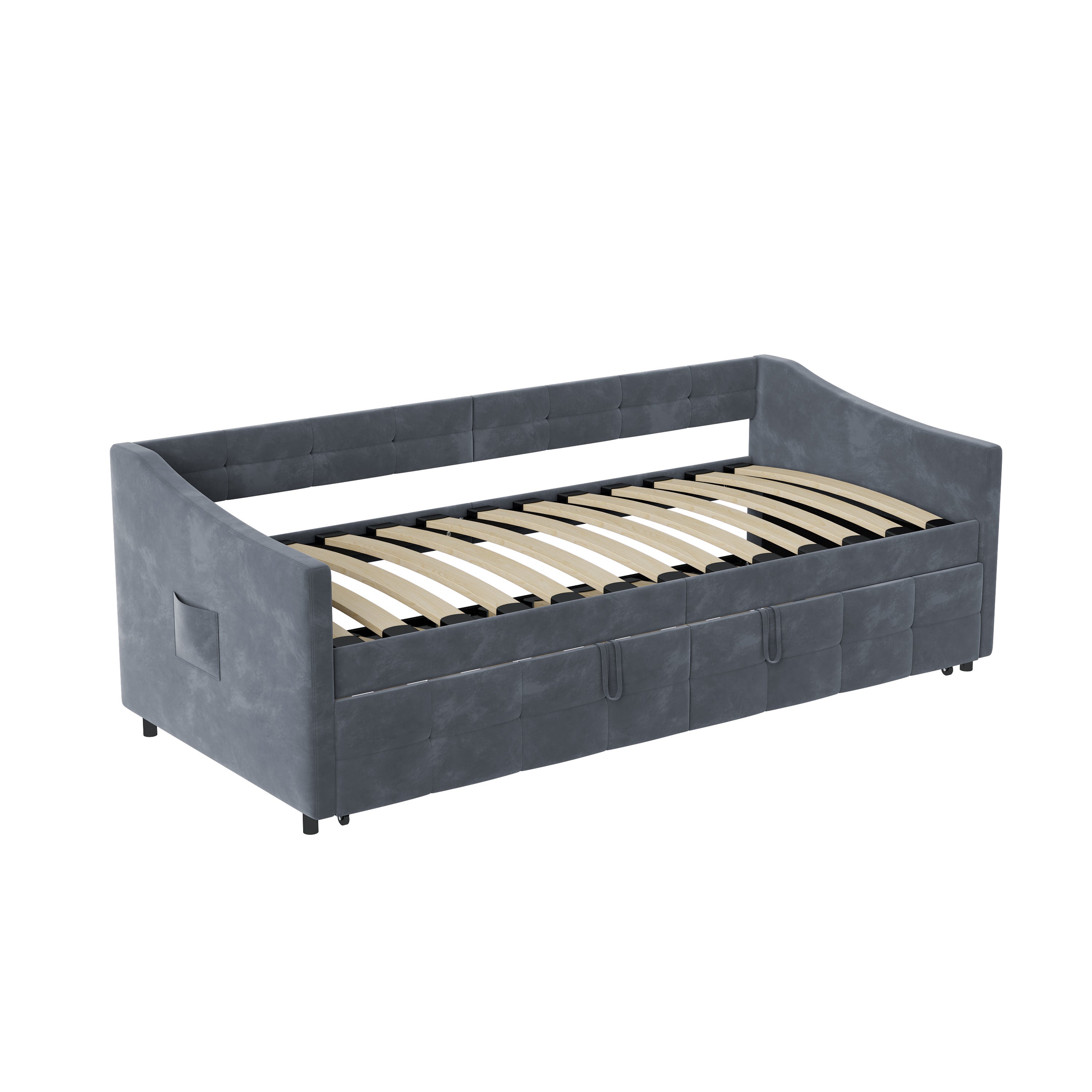Lit gigogne 90x190/200 cm - avec poches latérales - accoudoirs - cadre à lattes - style scandinave - canapé-lit - gris - 9