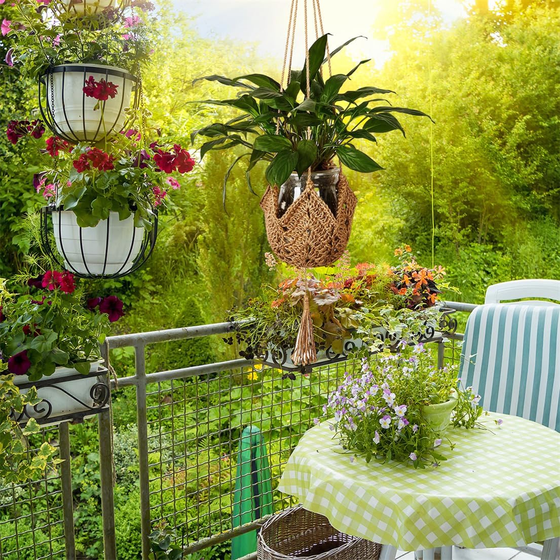 Lot de 2 paniers à fleurs suspendus en corde de jute avec crochets pour la décoration intérieure - 3