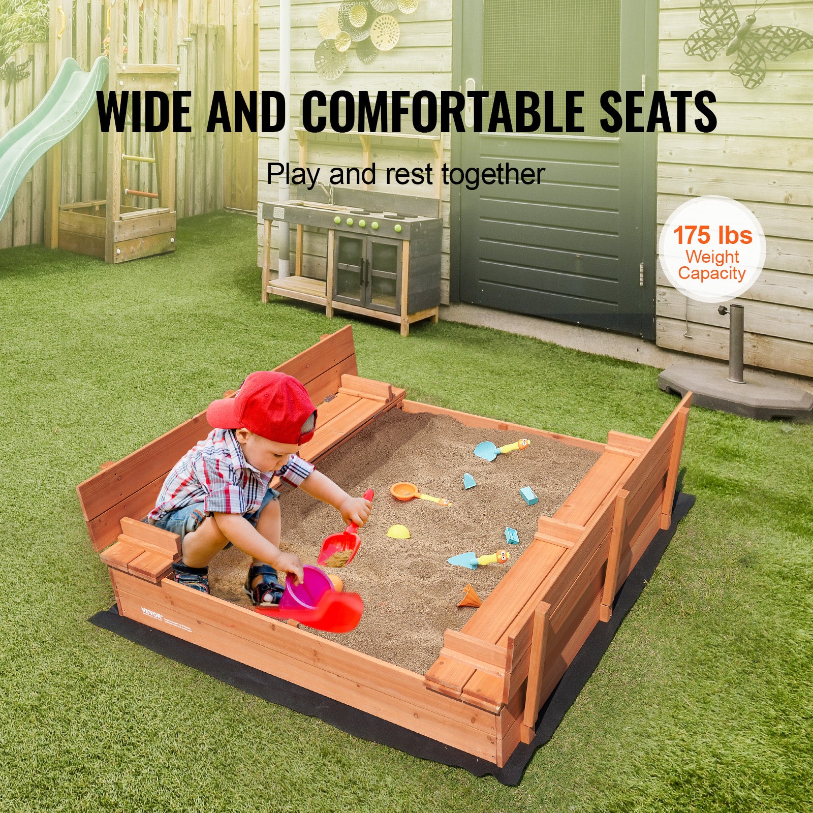 Bac à sable en bois naturel,VEVOR 1330 x 1200 x 430 mm,bac à sable avec banquettes pliables et doublure inférieure,pour jardin extérieur,plage,parc - 5