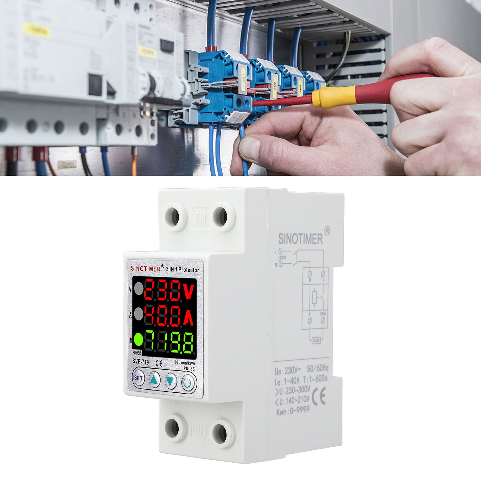 Relais de tension 230V 40A DIN avec écran LCD, protection surtension et sous-tension, limiteur de courant, réarmement automatique SVP-719 - 4