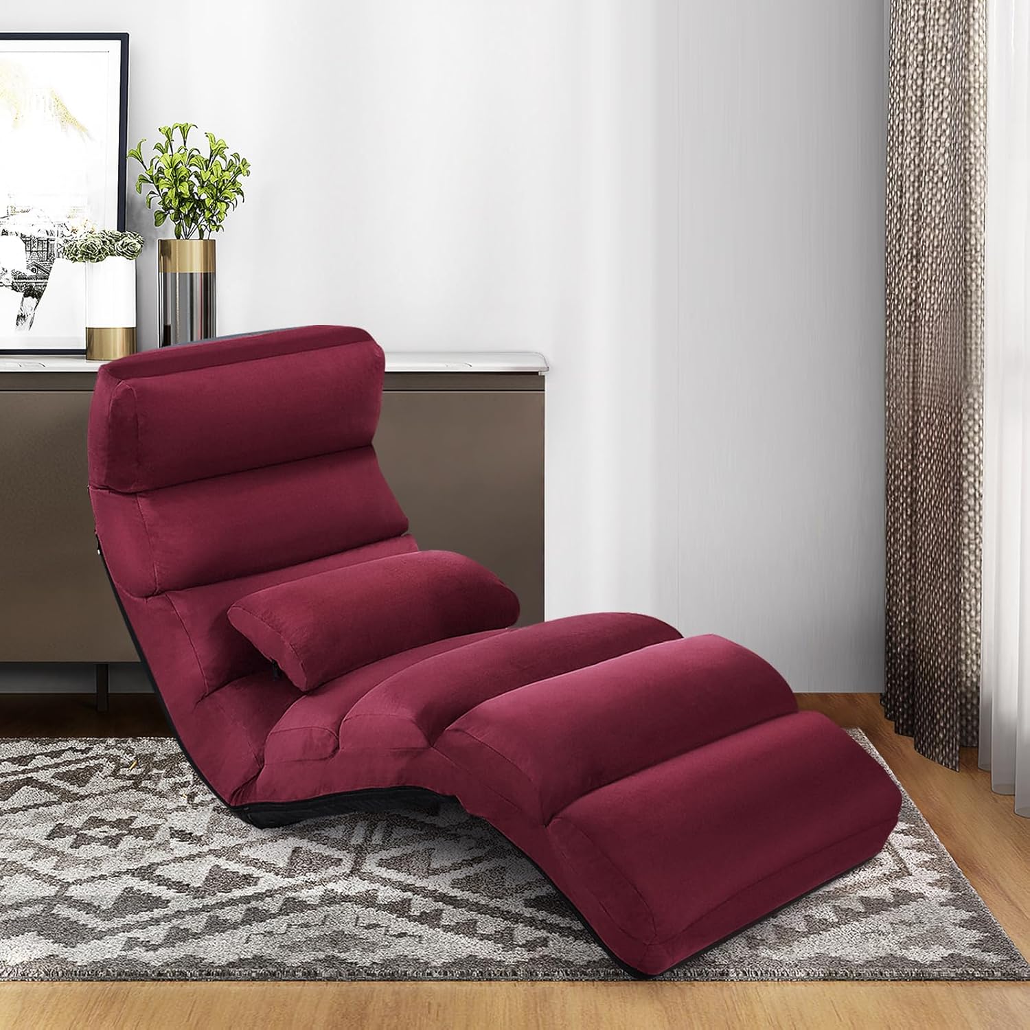 Fauteuil de Sol avec Dossier Inclinable Réglable sur 5 Niveaux,avec Cadre en Fer et Coussin Chaise, pour Salon/Chambre 175x55x20CM (Rouge) - 8