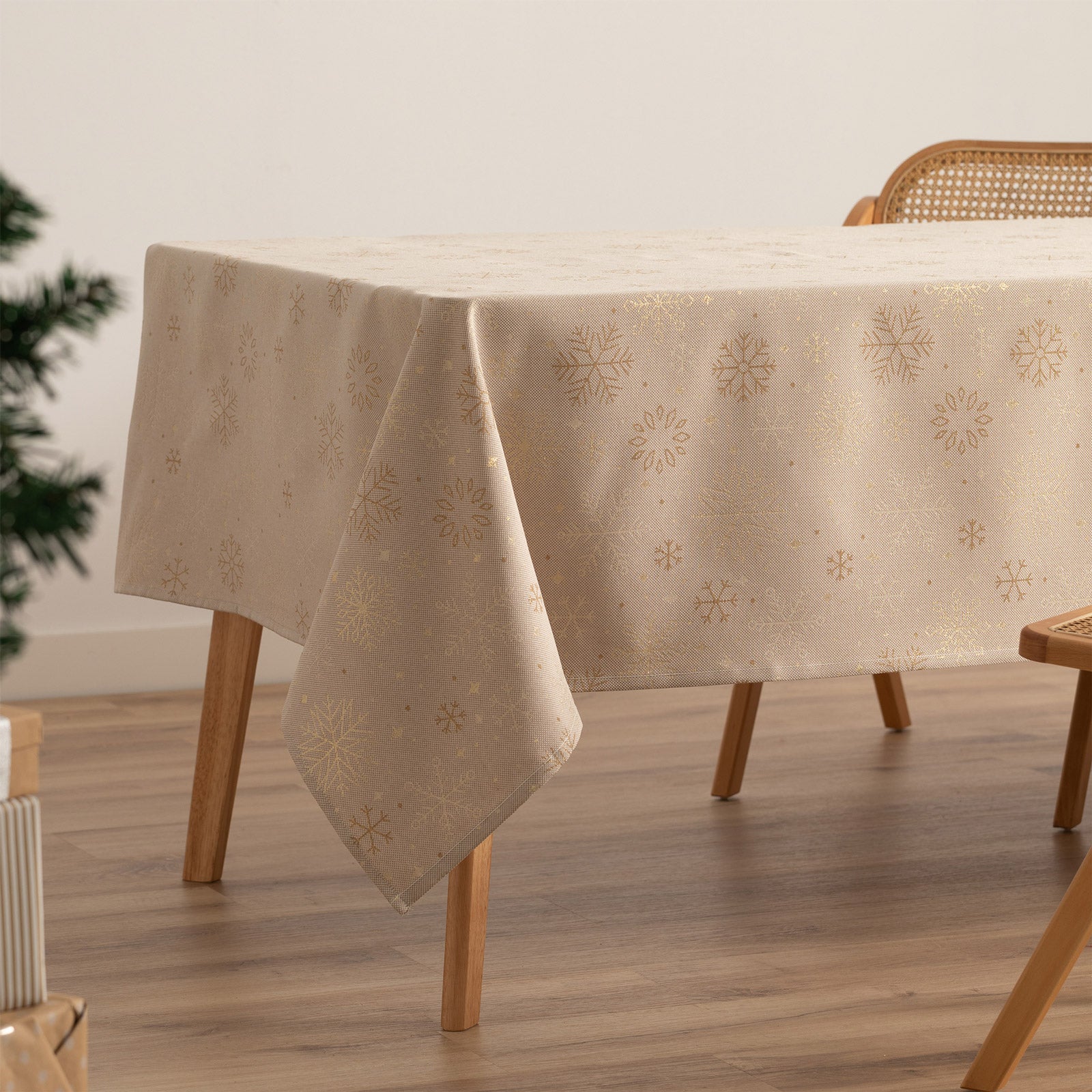 Tovaglia di Natale rettangolare in cotone jacquard beige e oro 140x350 cm - Sparkle - 2