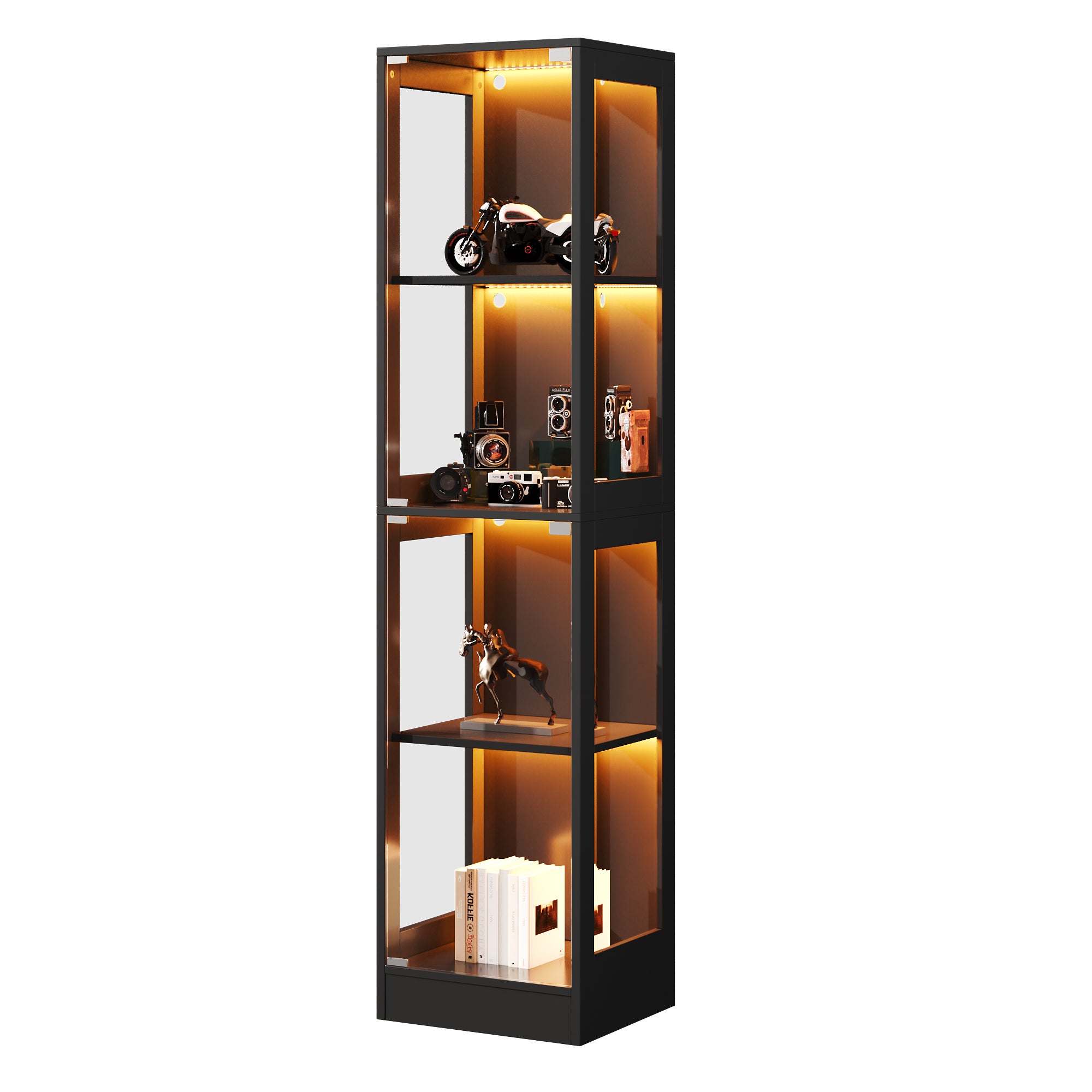 Vitrine en verre 40x35x170cm - Quatre niveaux de rangement - Éclairage LED contrôlable par App - 2 portes - MDF - Noir - 4