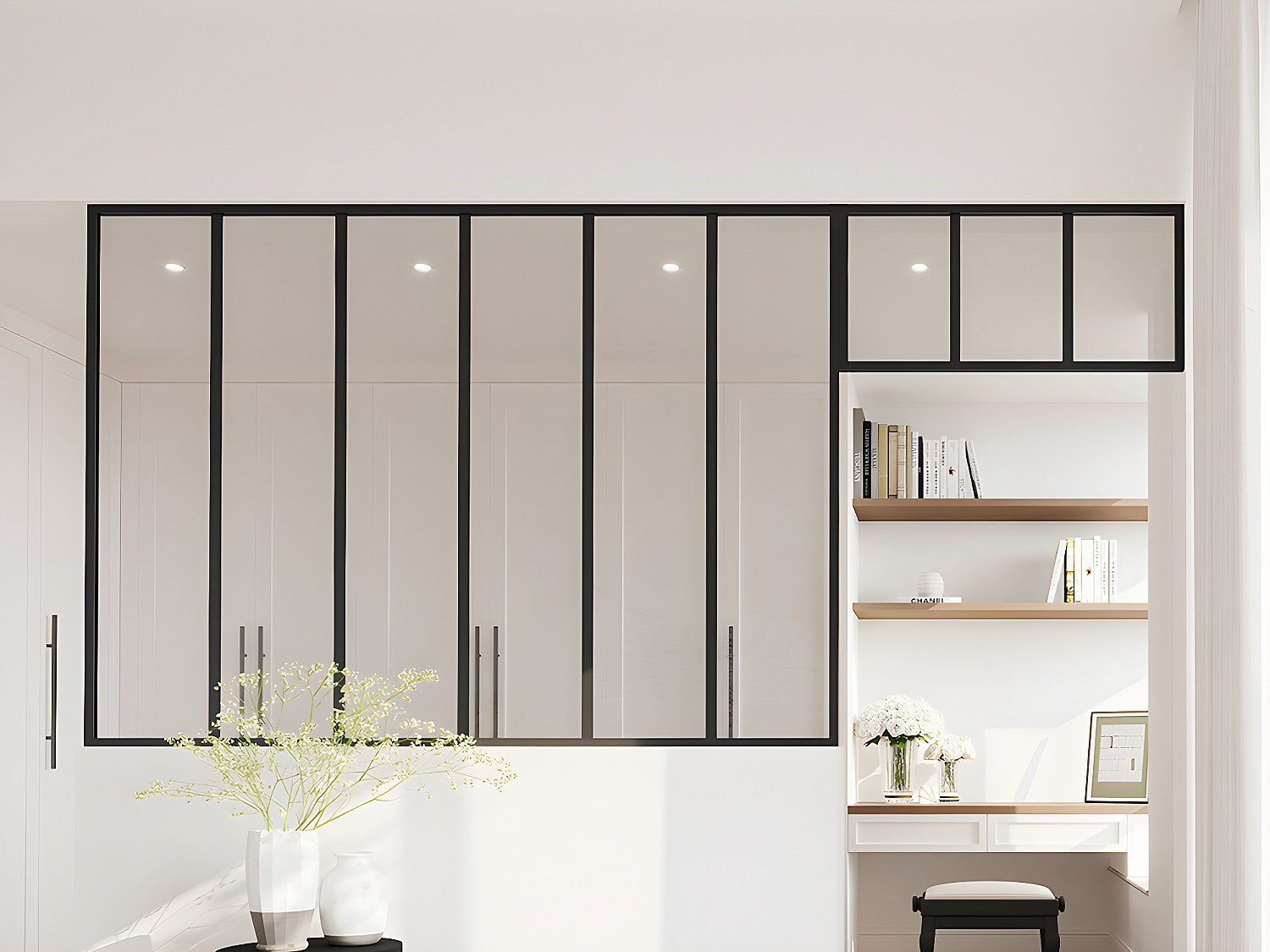 Cristalera estilo taller con travesaño de aluminio termolacado - ancho 180 x alt. 130 + ancho 83 x alt. 40 cm - negro - bayview