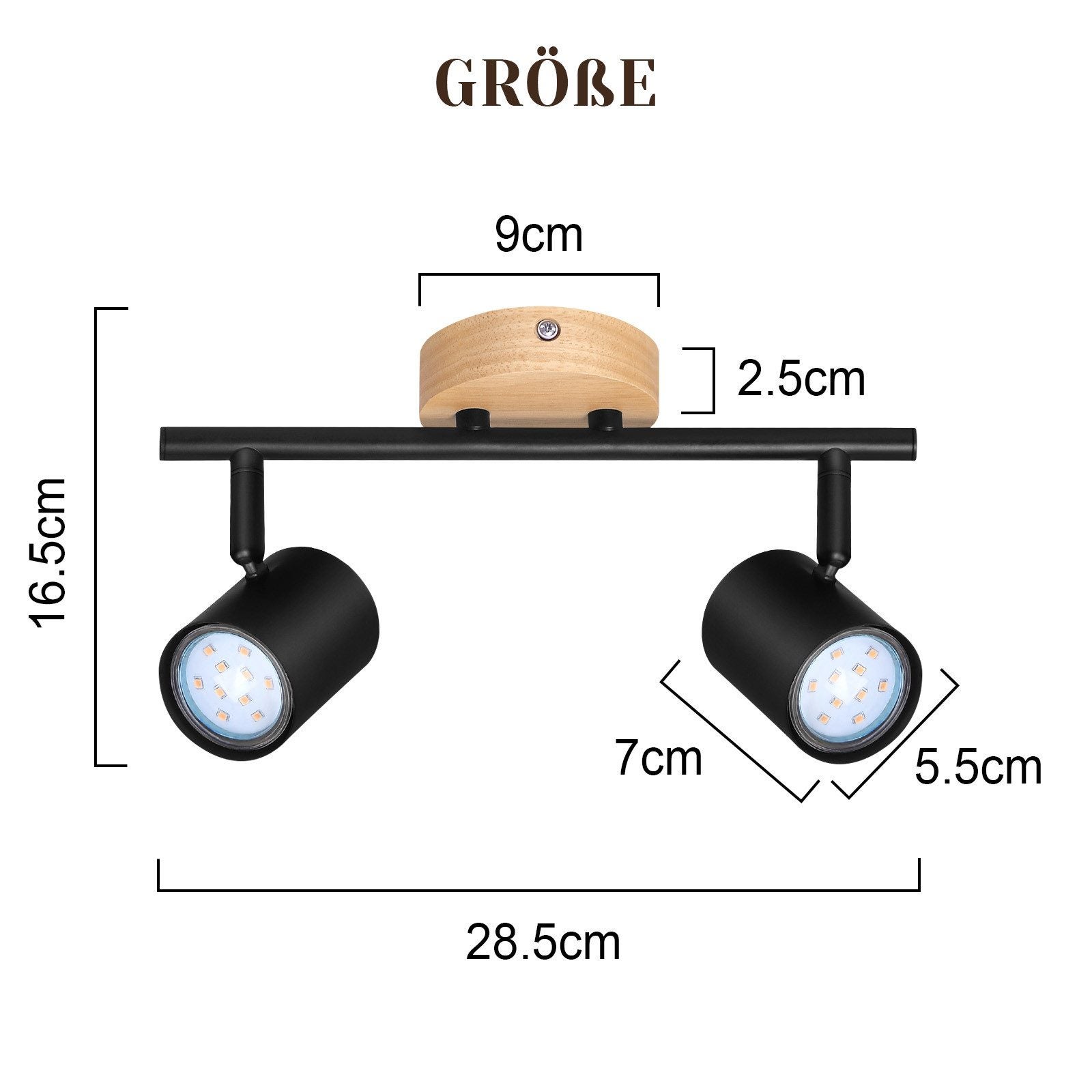 NETTLIFE Plafón LED de 2 llama - Plafón GU10 negro Foco giratorio Aplique de madera Foco de pared para salón dormitorio Sin bombilla - 6
