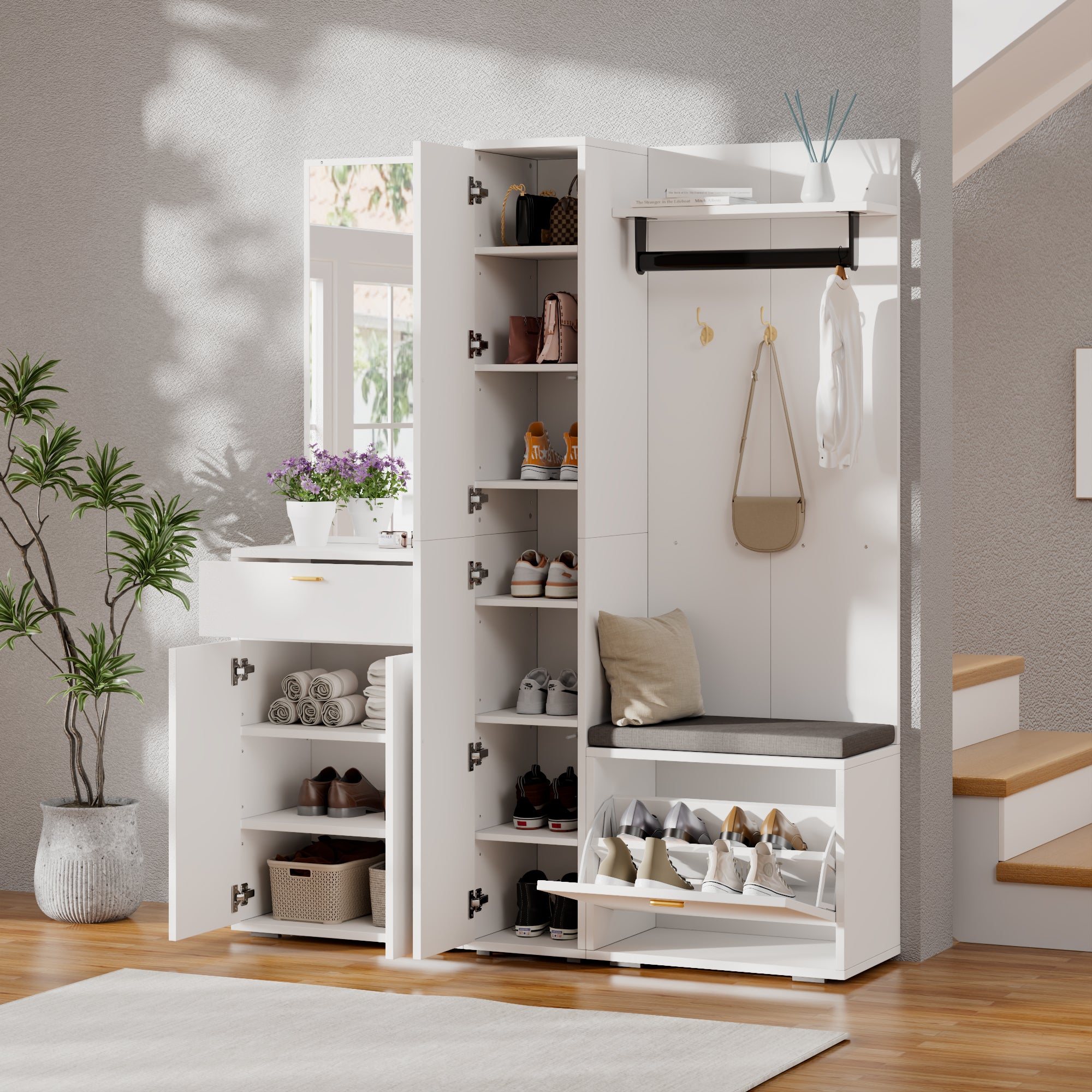 Zestaw szafek na buty z ławką, lustrem, szafą, 5 drzwiami i 1 szufladą - 150 x 36 x 180 cm - Płyta wiórowa i MDF - Kolor biały