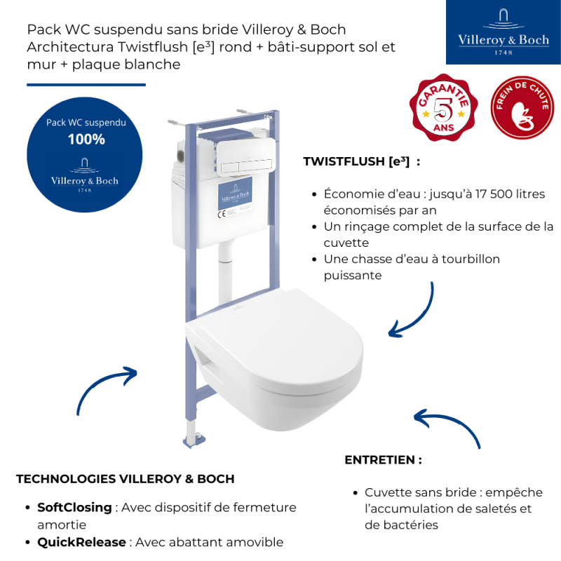 Pack WC suspendu sans bride Villeroy & Boch Architectura Twistflush [e³] rond + bâti-support sol et mur + plaque blanc - 3