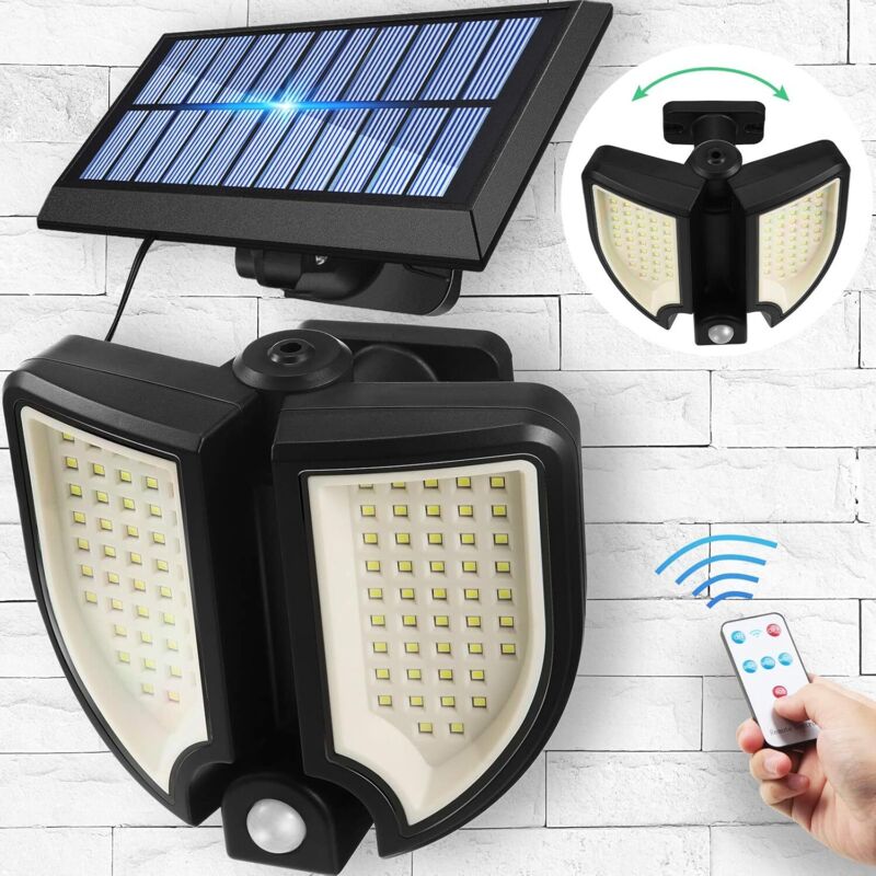 Lumini solare pentru exterior, panou solar cu telecomandă, 90 LED-uri rotunde, senzor 3D, inducție, lumină de perete reglabilă, impermeabilă