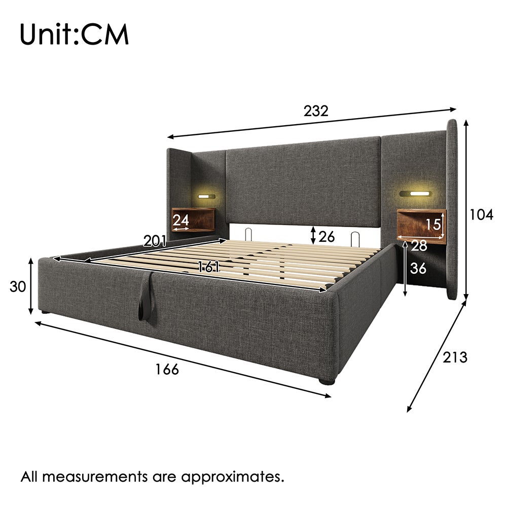 Lit double 140x200 cm - LUMINARIX - Rembourré - Lampe de lecture - USB - Velours gris à partir de 140,40 € (juin 2026