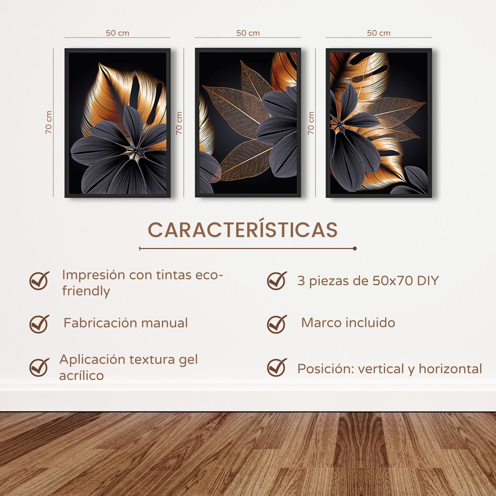 DekoArte - Tableau decoration murale salon STYLE FLOWERS 50x70 cm x3 pièces - Tableaux avec cadre noir inclus - 7