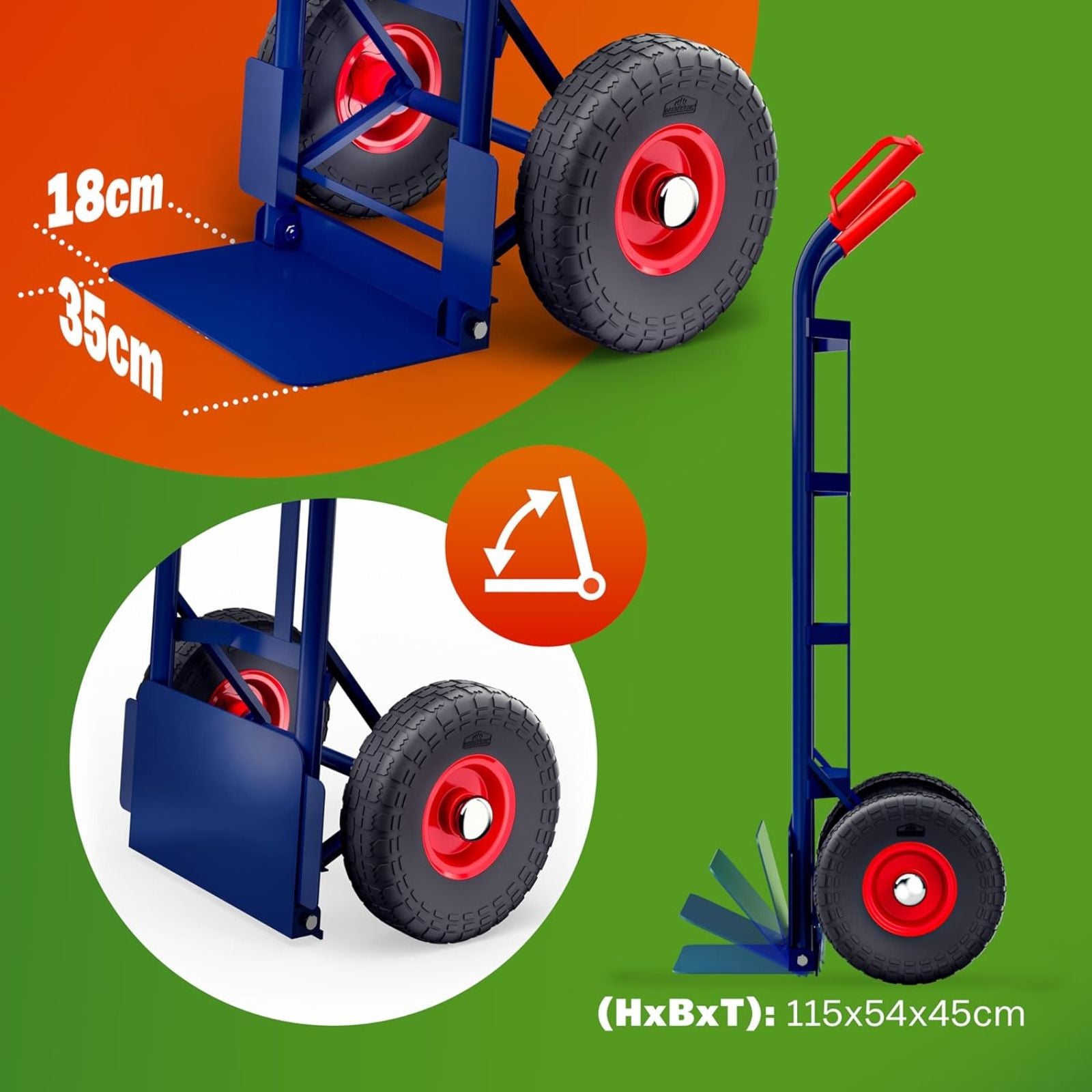 DASCK - Carretilha Dobrável com Rodas Pneumáticas, Plataforma Reforçada, Carga Máxima 200 kg, Azul, Pegas Ergonômicas - 5