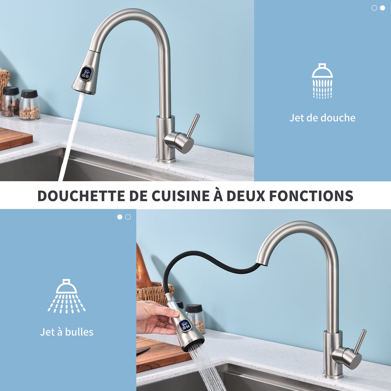 Mitigeur Cuisine en Inox avec Affichage Température LED, Robinet Évier Brossé Pivotant à 360° avec Douchette Extractible et 2 Modes de Jet - 3