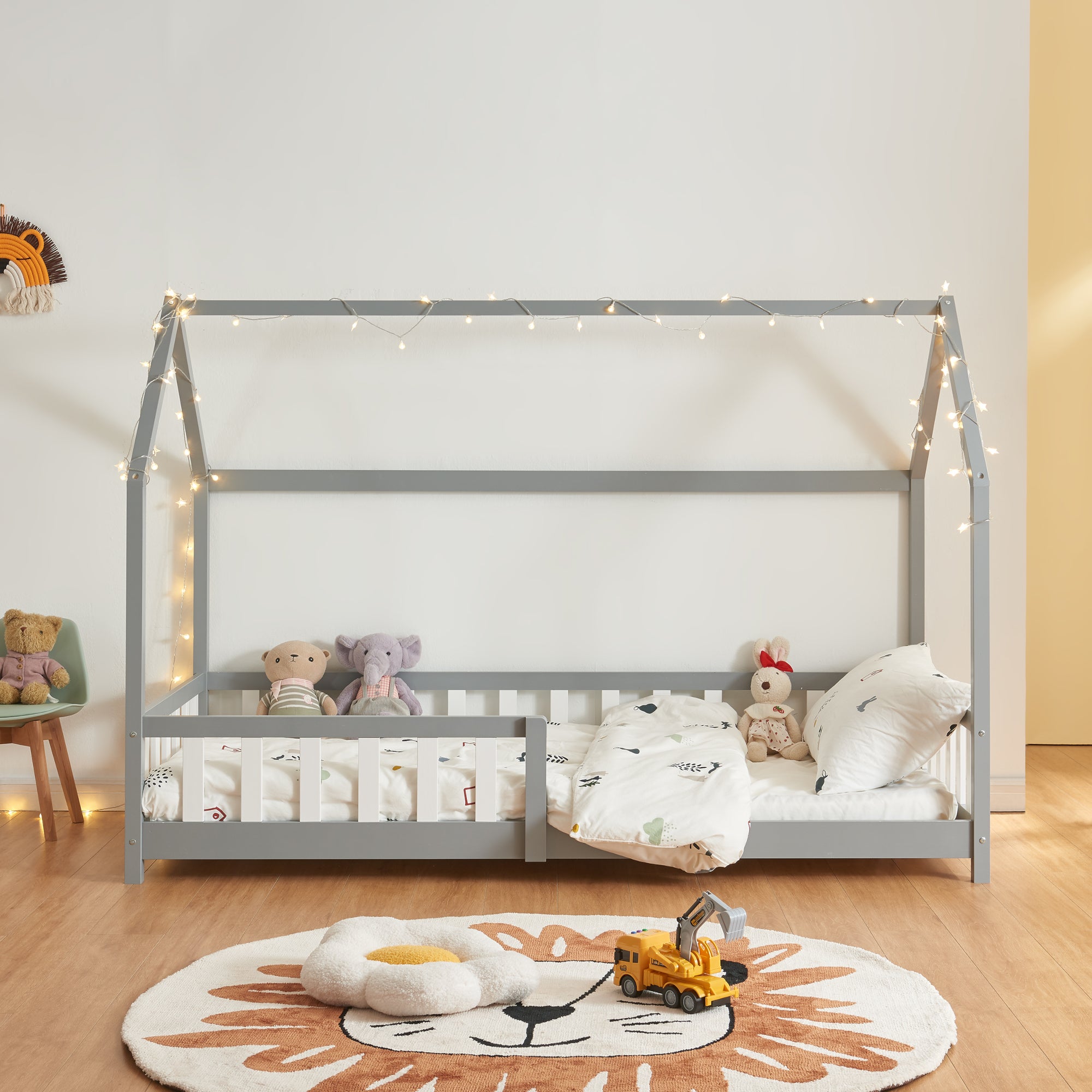 Cama infantil Hesel en forma de casa pino con reja 90x200cm - Gris [en.casa] - 2