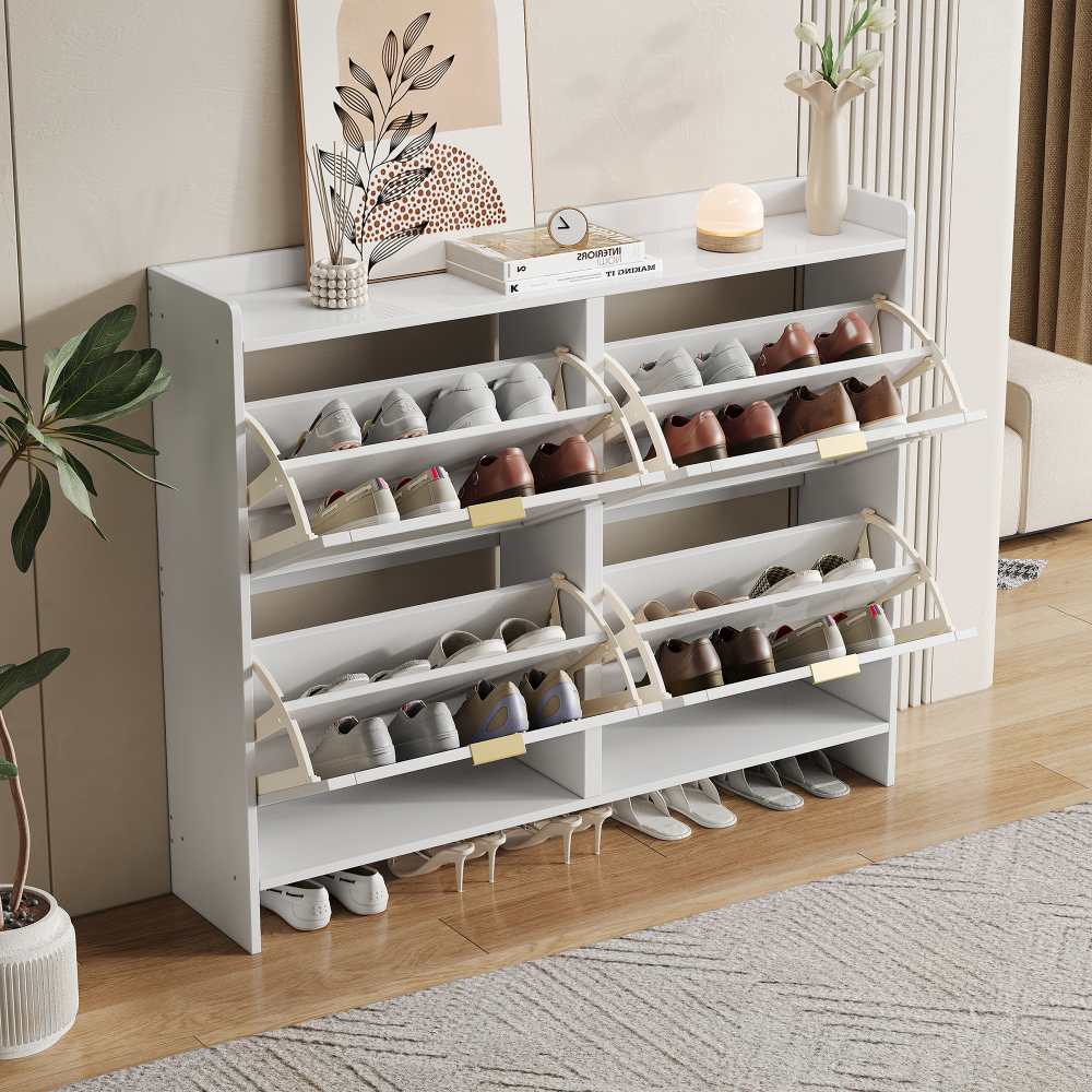 Armoire à chaussures moderne avec 4 compartiments, étagère ouverte, pour entrée ou couloir, blanc, L110/H90/P24 cm. - 4