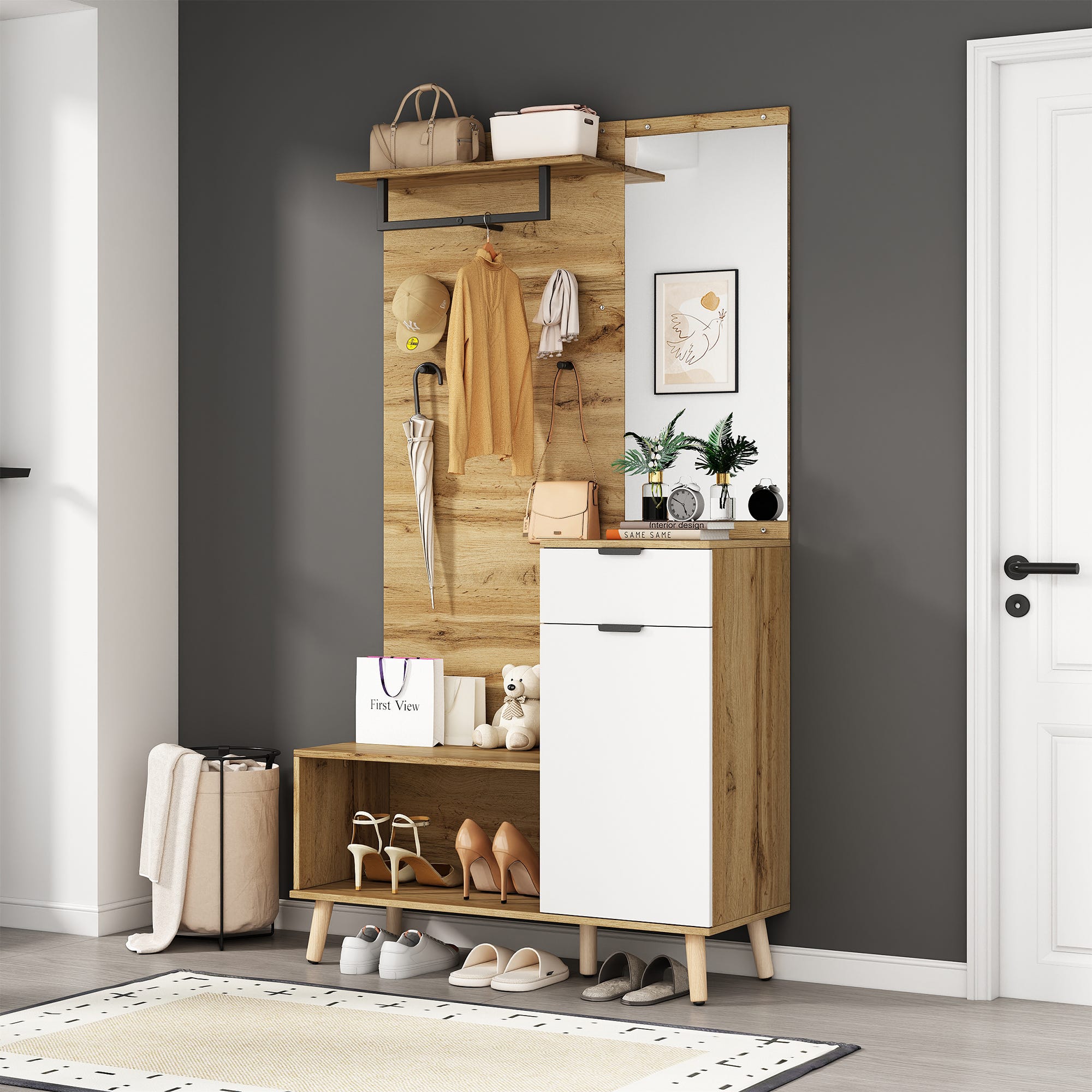 Mueble recibidor con espejo,Conjunto de guardarropa multifuncional con ...