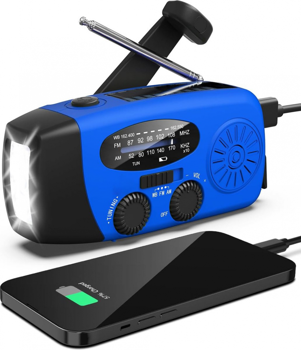 Przenośne radio awaryjne – Power Bank 2000 mAh – Radio awaryjne zasilane bateryjnie (ładowalne) – Na kemping i na wypadek klęsk żywiołowych – Niebiesk