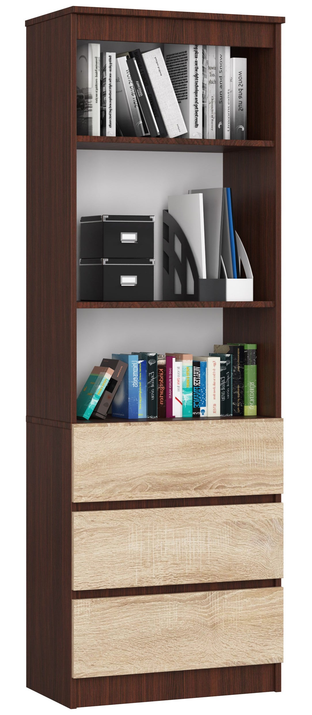 Regał AKORD R60 Wenge 60 cm 3 szuflady kolor Dąb Sonoma mat 3 półki 60x35x180 cm