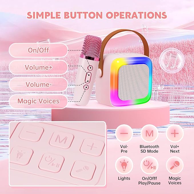 Mini Máquina De Karaoke Para Niños, Altavoz Bluetooth Con dos Micrófonos Inalámbrico Regalos De Navidad, cumpleaños (rosa) - 4