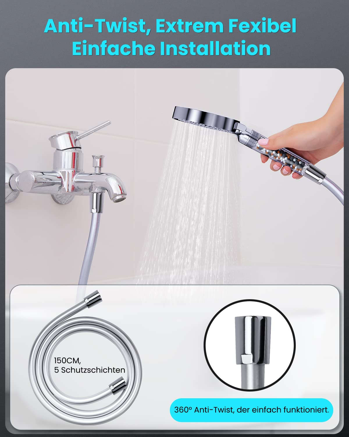 YEAUPE Soffione Doccia Con Tubo Da 1,6 M - 6 Getti, Alta Pressione, Anticalcare, Supporto Senza Fori, Risparmio Acqua 8 L/min - 5