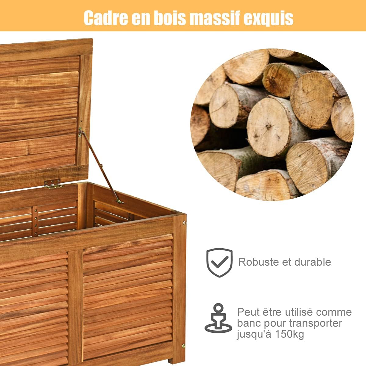 Coffre de jardin en Bois d’Acacia Certifié FSC-120X45X45 CM- Boîte de Rangement Respirante avec Poignée en Boucle Pratique-Naturel - 2
