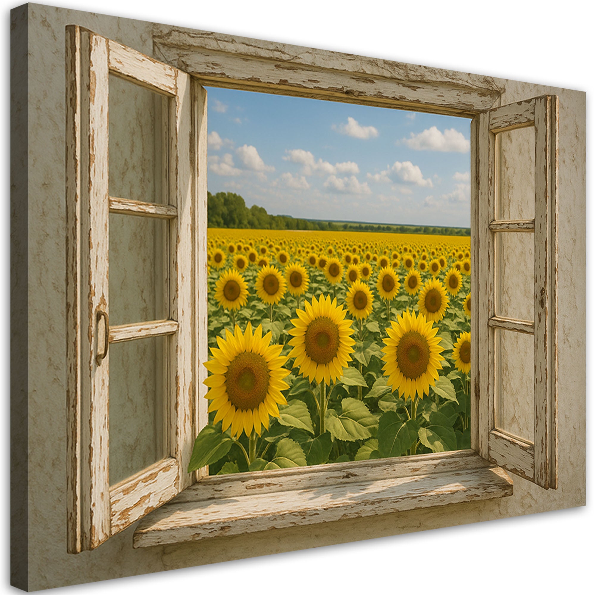 Obraz do salonu jadalni, Widok z okna Pole Słoneczniki Shabby Chic 90x60