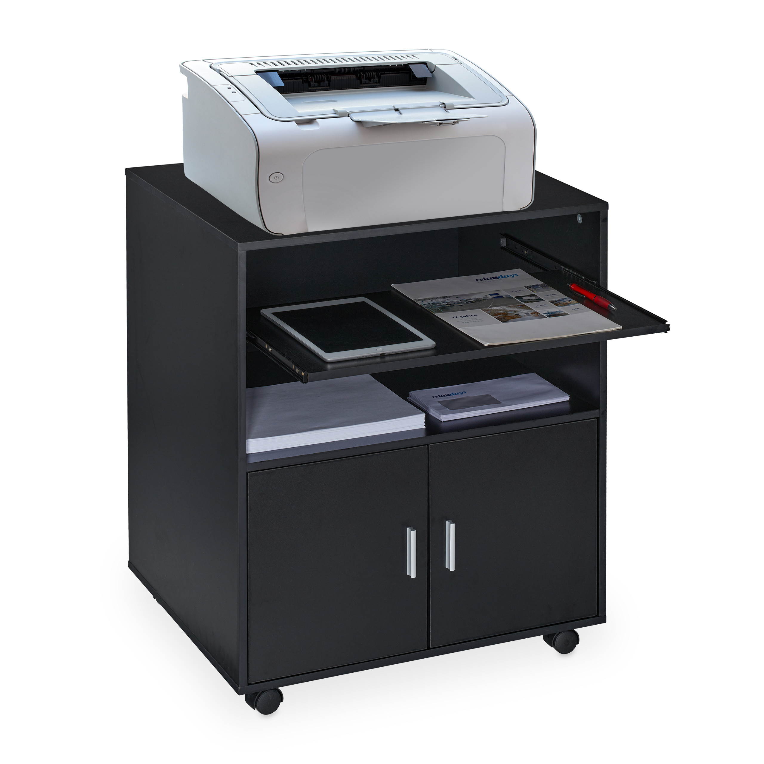 Relaxdays  Mueble Auxiliar De Impresora Oficina, 2 Compartimentos Y Bandeja Para Teclado, Ruedas, 74 X 60 X 48 Cm, Negro , Leroy Merlin