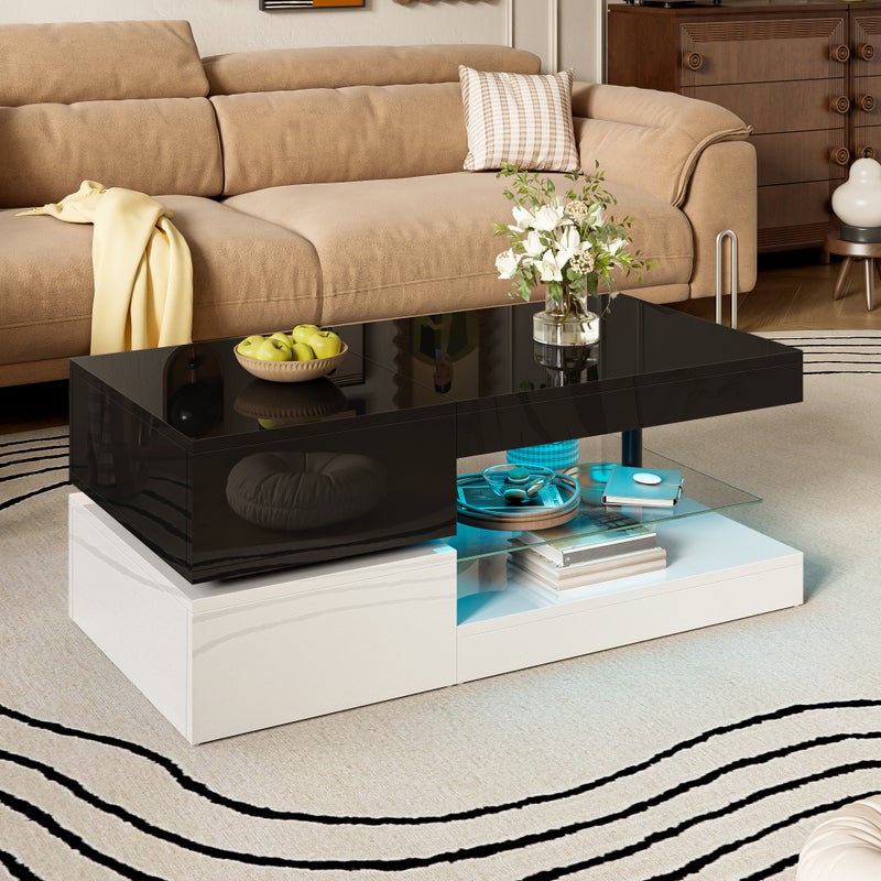 Nowoczesny stolik kawowy z 2 półkami i diodami LED - 90 x 45 x 35,5 cm - Płyta wiórowa - Czarno-biały