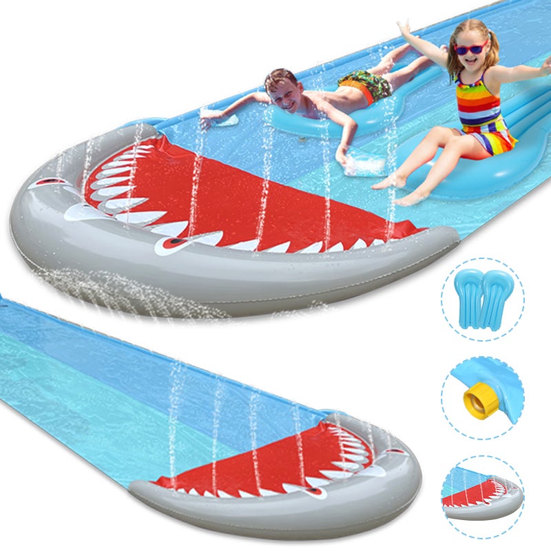 Scivolo D'Acqua Da Giardino KUWUNG 6,1 X 1,4 M - Doppia Corsia, Con 2 Bodyboard E Spruzzatori, Per Bambini E Adulti