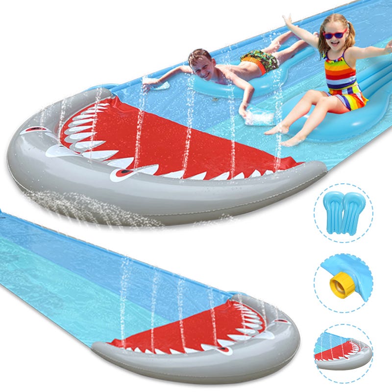 Scivolo D'Acqua Da Giardino KUWUNG 6,1 X 1,4 M - Doppia Corsia, Con 2 Bodyboard E Spruzzatori, Per Bambini E Adulti