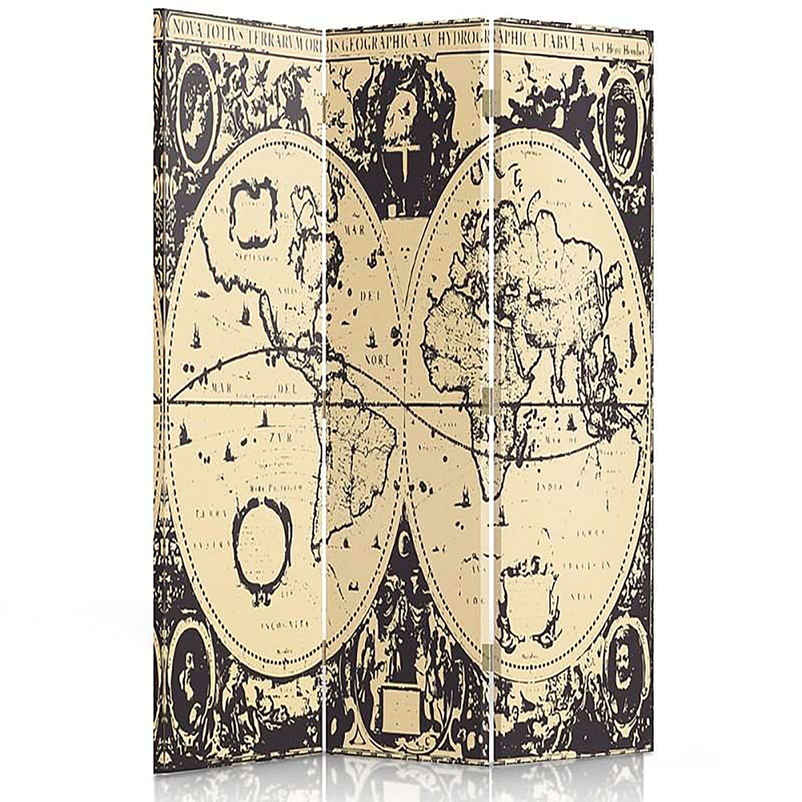 Paravent Design Mappe Monde Vintage - Déco Rétro 3 Panneaux - 110 x 150 ...