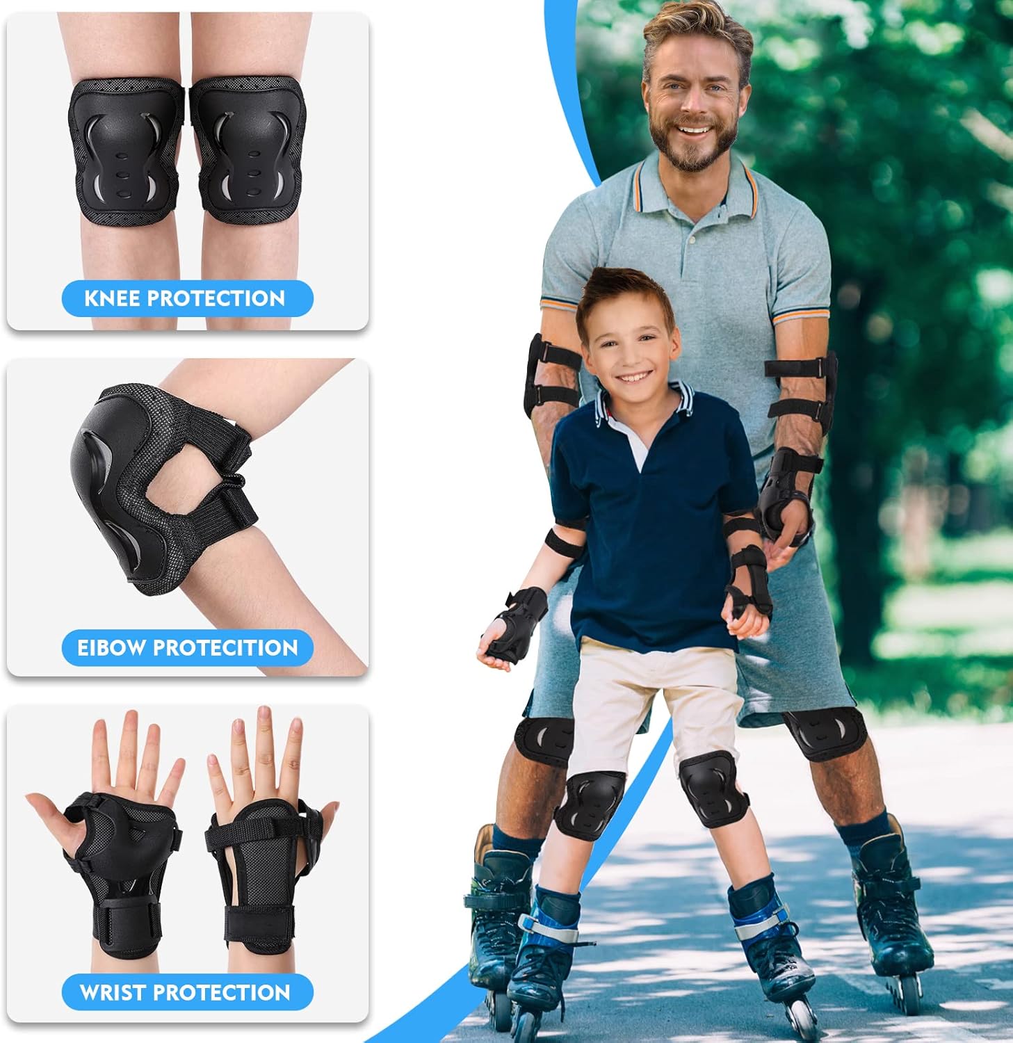 Set di protezioni per adulti e bambini con ginocchiere, gomitiere