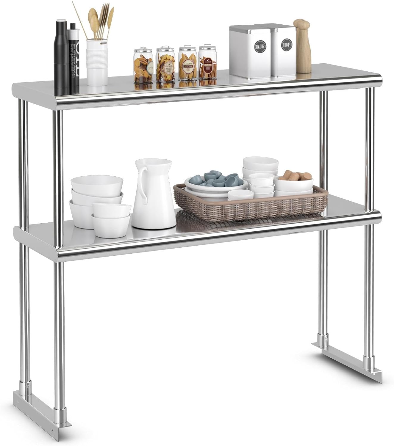 Étagère 2 Niveaux COSTWAY Inox Pour Table De Travail Cuisine - 30x122x85cm Réglable