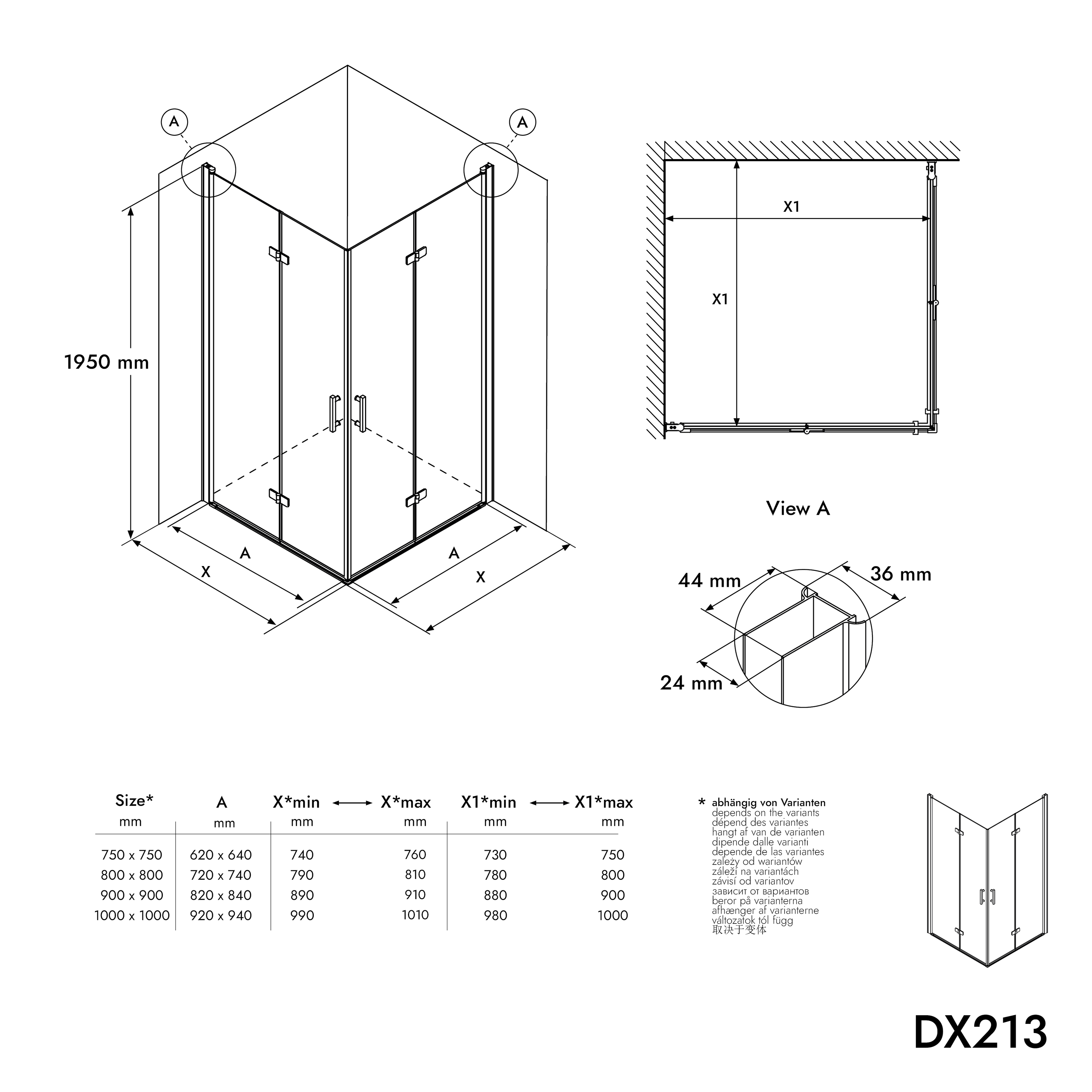 BERNSTEIN - Cabine de douche d'angle 90x100x195cm (LxPxH) verre 8mm, 2 portes pliantes, Profilé chrome - DX213 - 5