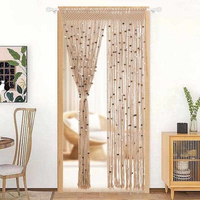 Rideau de perles en macramé fait à la main en coton pour porte, fenêtre, perles en bois et pompons à suspendre