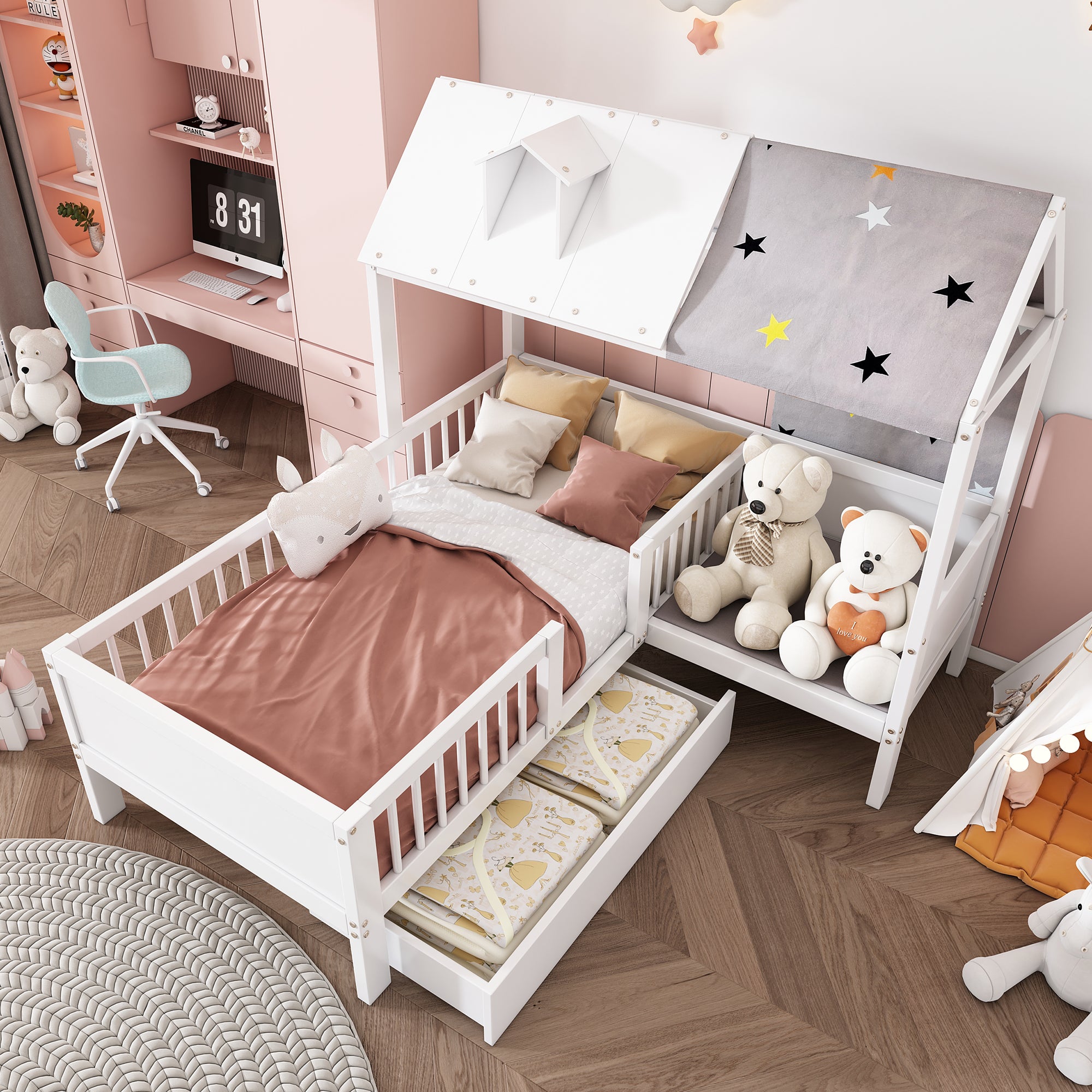 Happy Babies Lettino Per Bambini Con Protezione Anti-Caduta | 140x70 Cm Con Cassetto E Materasso | Personalizzabile Con Nome E Foto | Da 1 A 12 Anni
